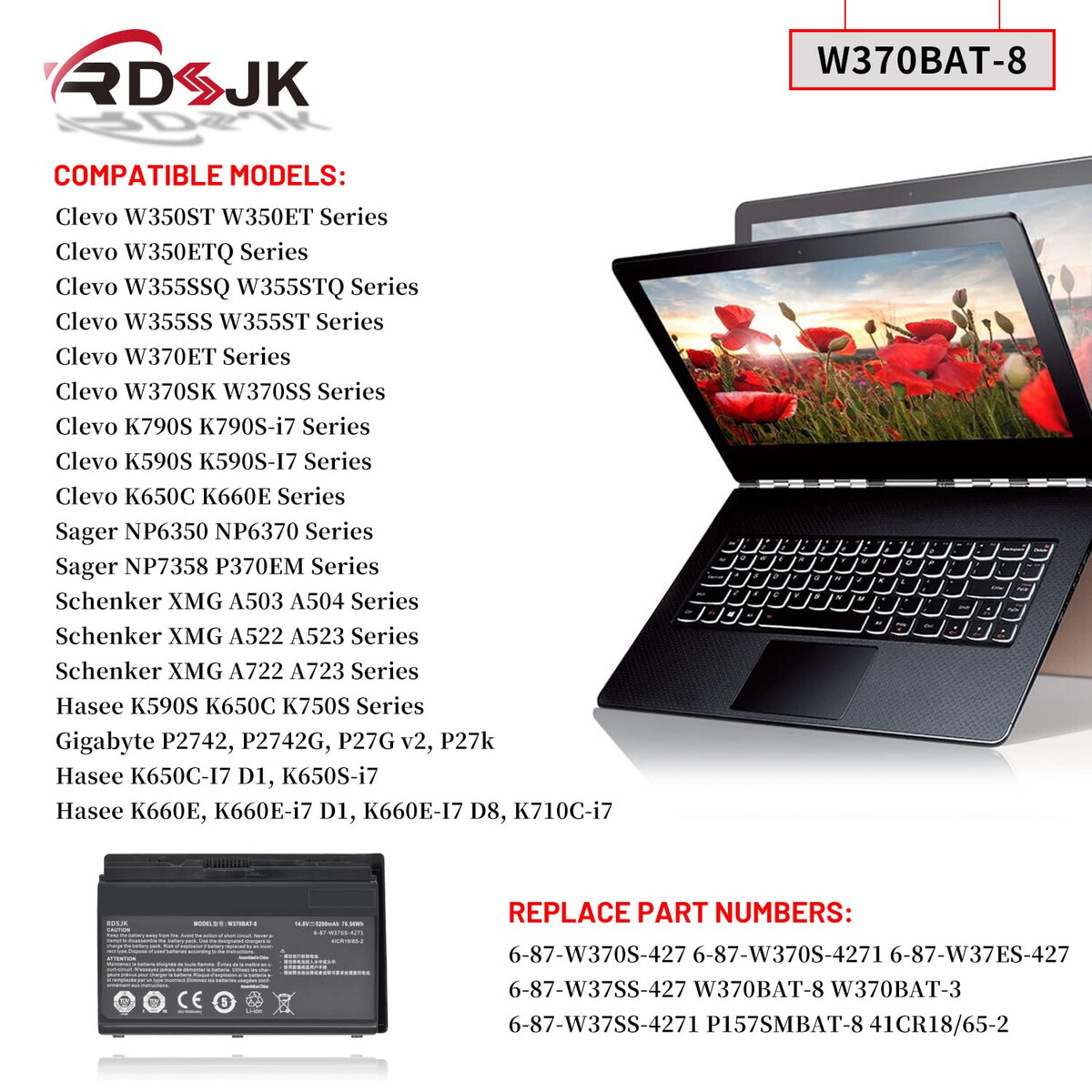 W370BAT-8 Battery Compatible Clevo W350ET W350ST W350ETQ W355STQ W370ET W370SK Sager NP6350 NP6370 Hasee CW35S Series 6-87-W37SS-427 6-87-W370S-427