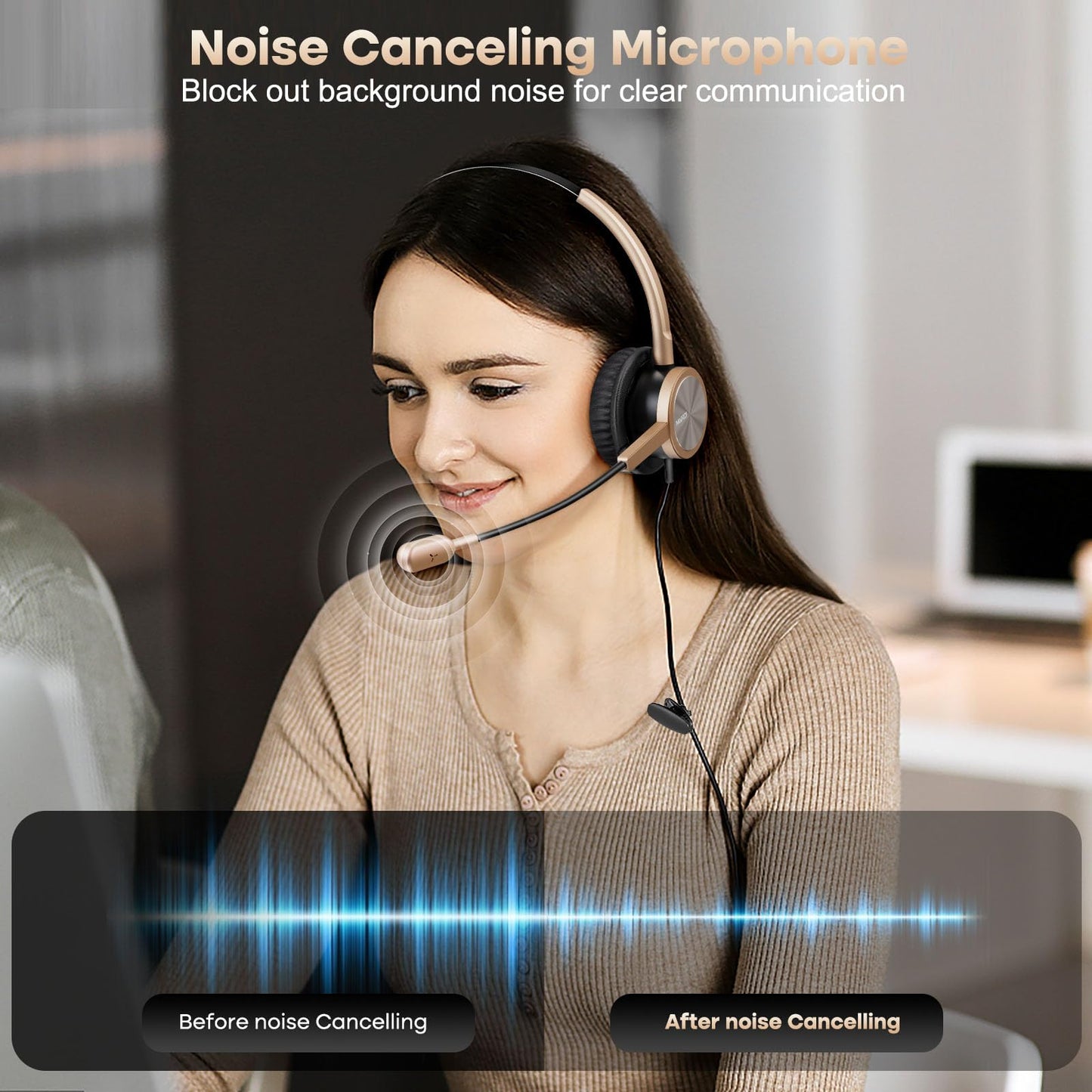 MAIRDI Phone Headset with RJ9 & 3.5mm Jacks for Call Center Deskphone Cell Phone PC Laptop, Office Landline Telephone Headset with Microphone Noise