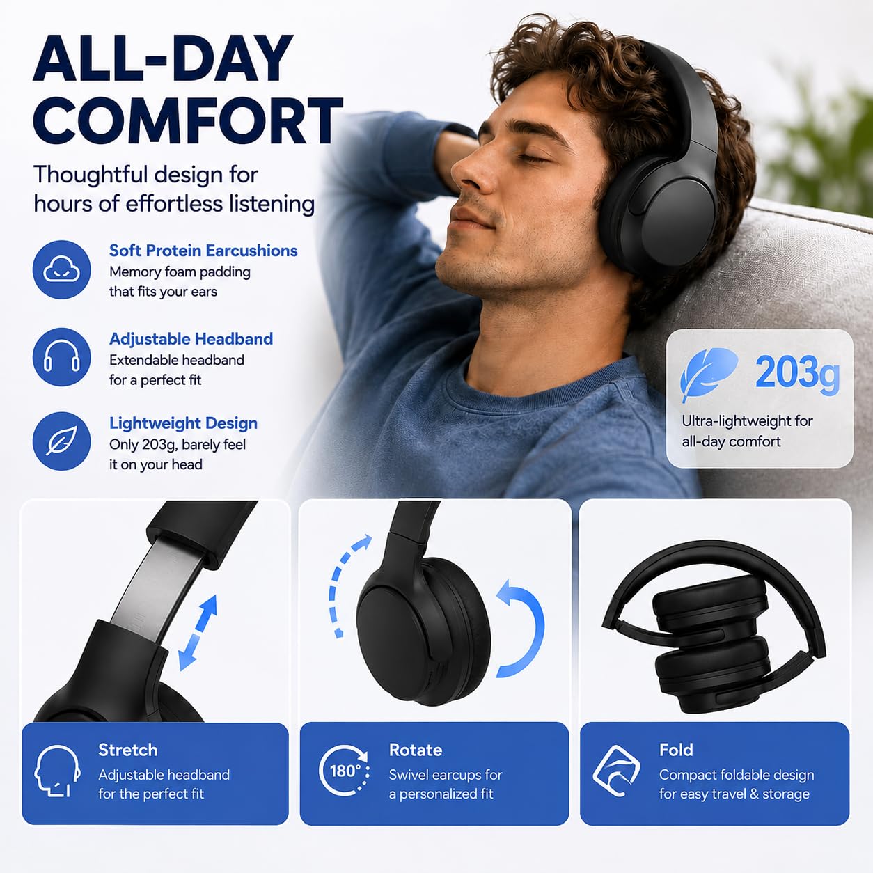 MZYML Active Noise Cancelling Headphones, Wireless Over Ear Bluetooth 5.4 Headphones with Microphone, 40H Playtime, Foldable Headset with HiFi Sound