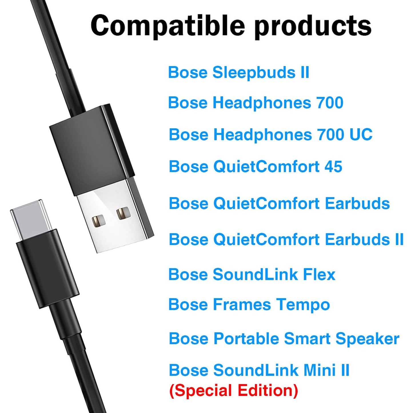 USB C Wall Charger Cable for Bose QuietComfort Ultra, Bose Headphones 700, Soundlink Mini II Special Edition Speaker, QuietComfort 45, SoundLink Flex
