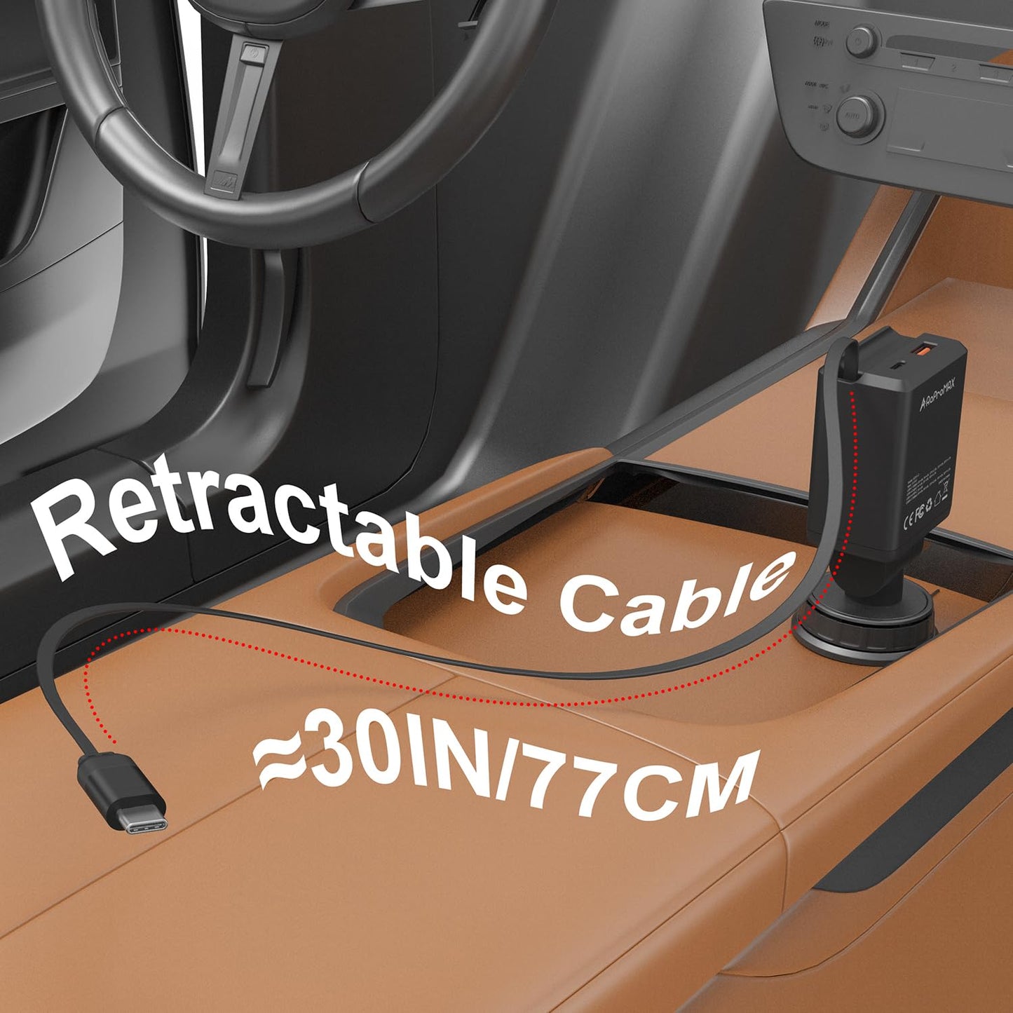 Retractable Car Charger, Total 75W Fast Charger 3 in 1 USB C Car Adapter, Retarctable Type C Cable (30 inch) and 2 USB Ports, Compatible with iPhone