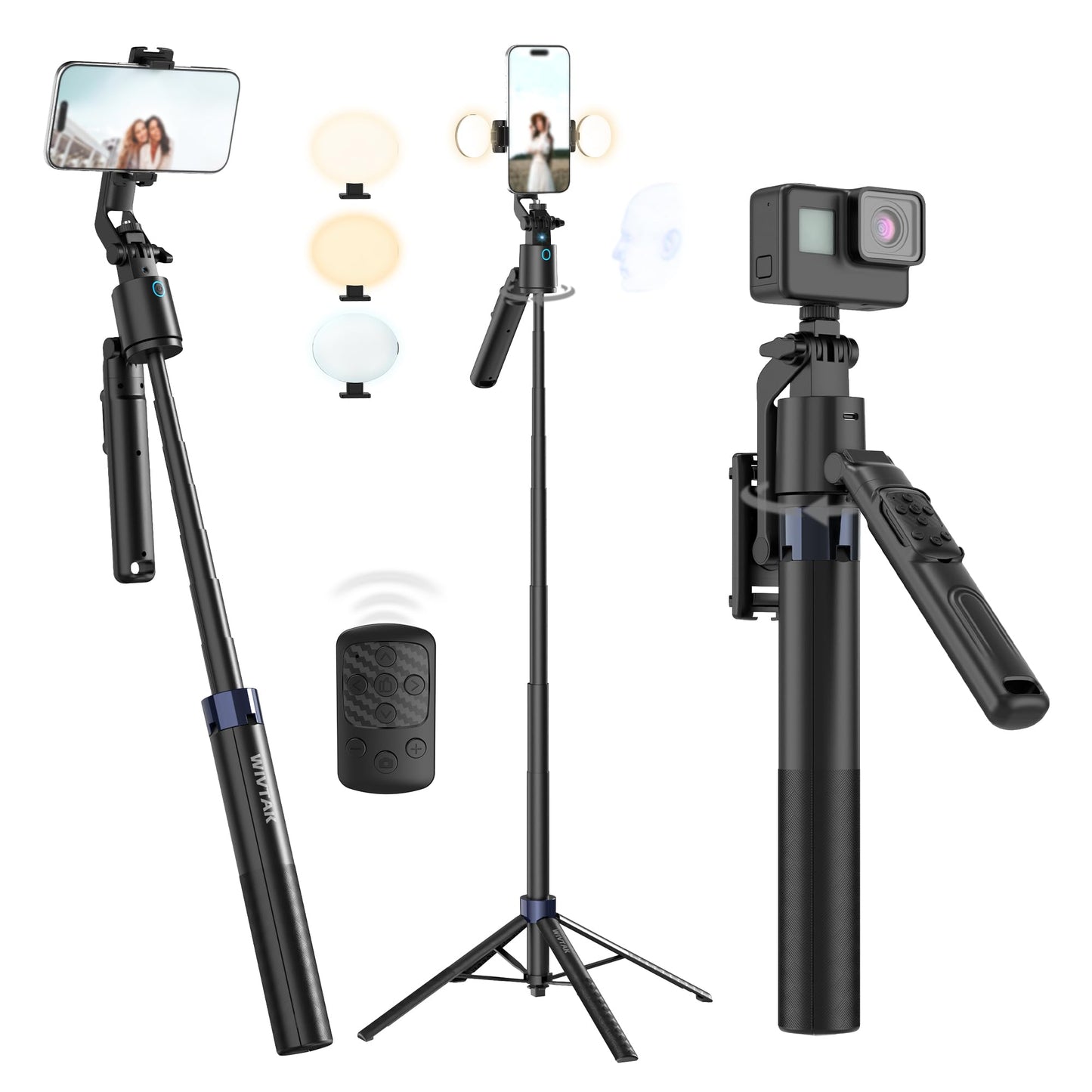 70" Auto Face Tracking Selfie Stick Tripod for iPhone/Android/Mini Camera, 360° Rotation Phone Tracking Tripod with Remote, 2Pcs Fill Lights, Phone