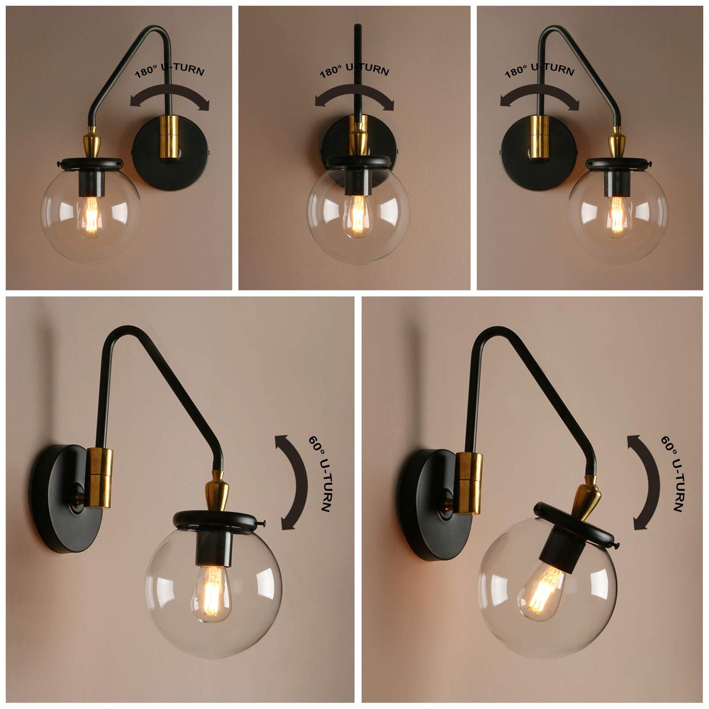 Pathson Industrial Swing Arm Wall Sconce Lighting, Adjustable Globe Wall Vanity Light for Bathroom, Hardwired Wall Lamp Fixture for Bedside Living