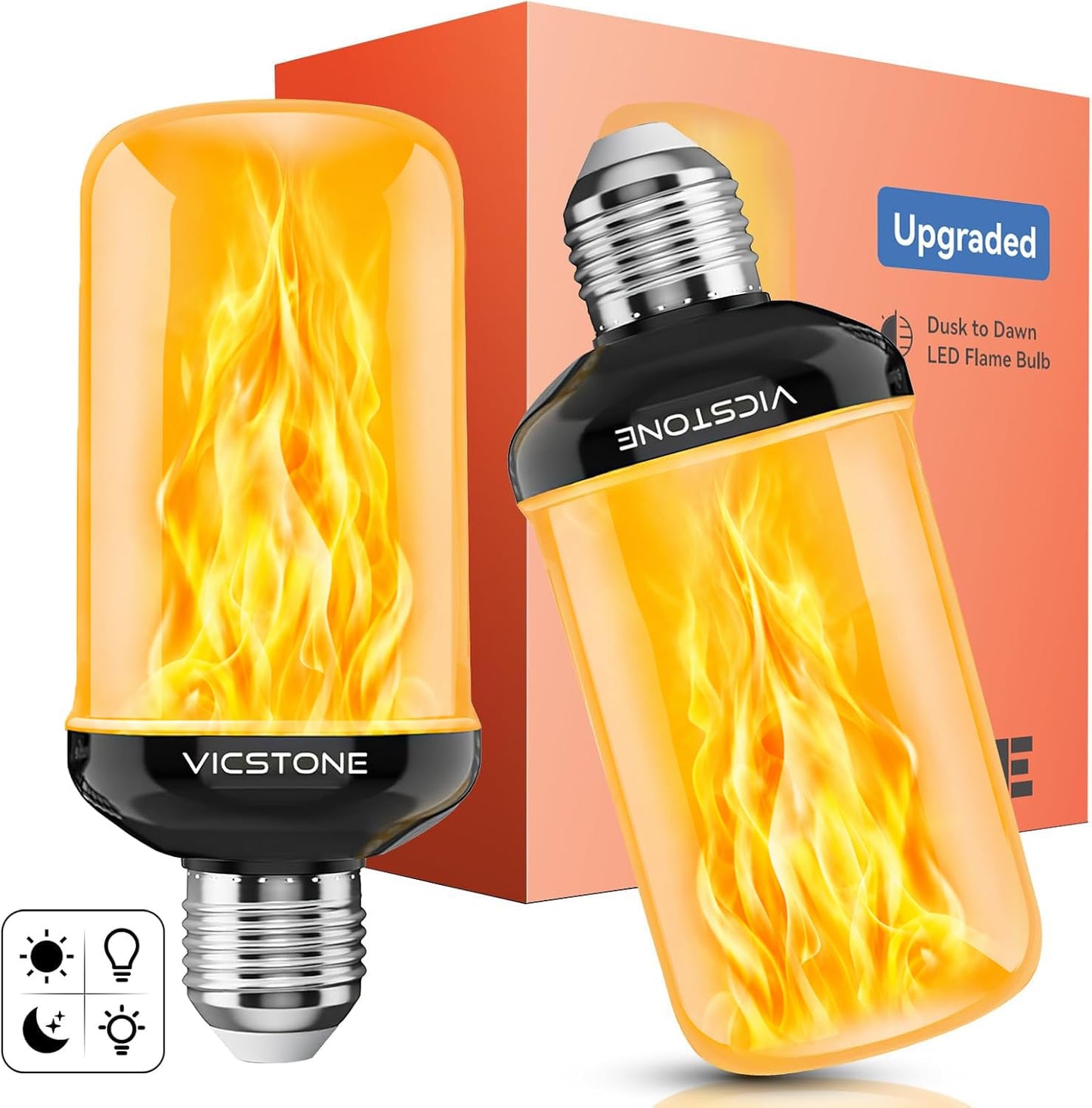 Vicstone Upgraded E26 Dusk to Dawn Flame Light Bulbs Outdoor, 4 Modes