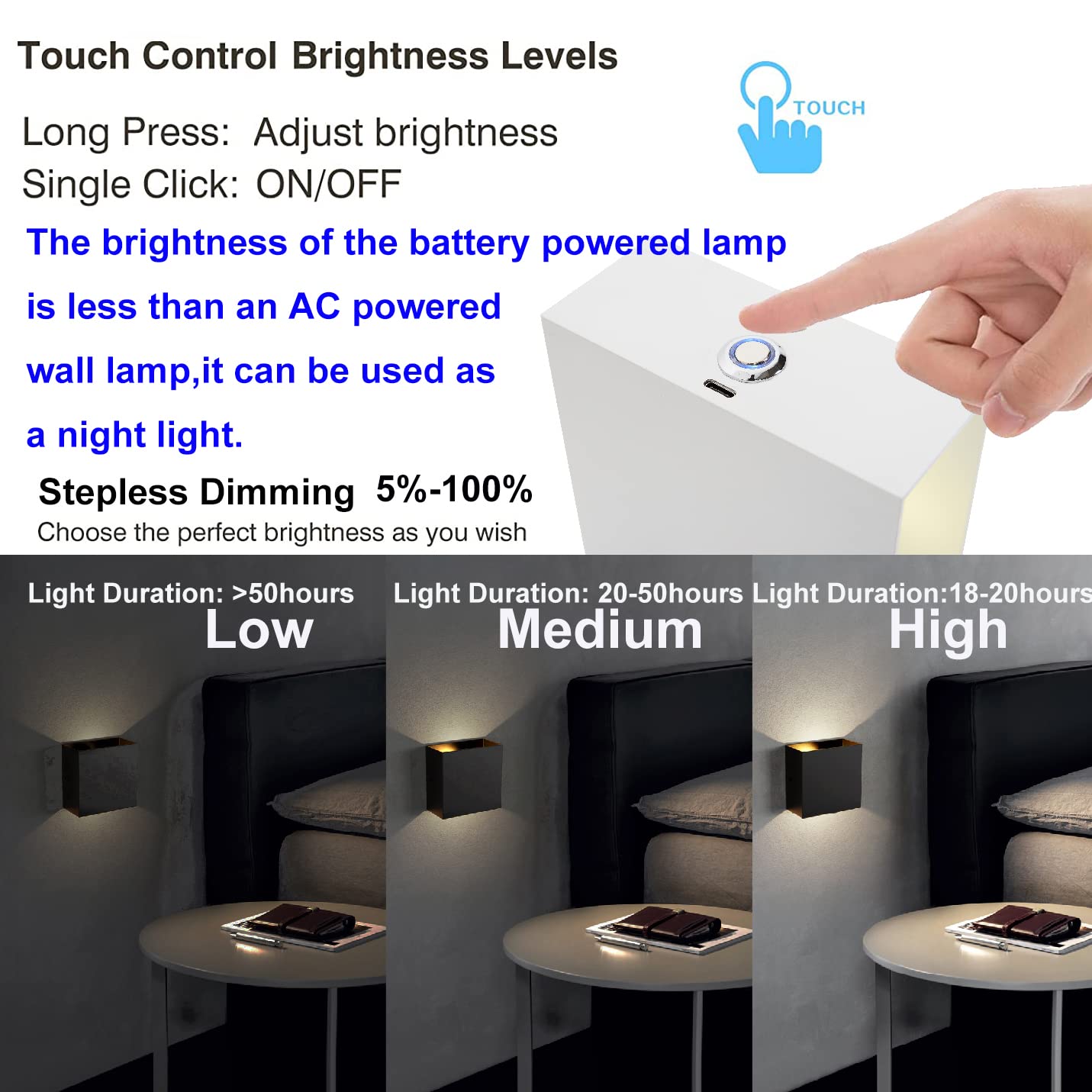 ZYI Indoor LED Wall Lamp with Touch Switch, Cordless Lamp Rechargeable USB Wall Sconce Lights Battery Powered Bedside Lamps for Bedroom Children's