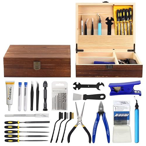 SHUAIAIW 3D Printer Tool Kit with Wooden Box - 3D Printing Accessories Include Nozzle Cleaning Kit, Deburring Tool, Scraper - Suitable for 3D
