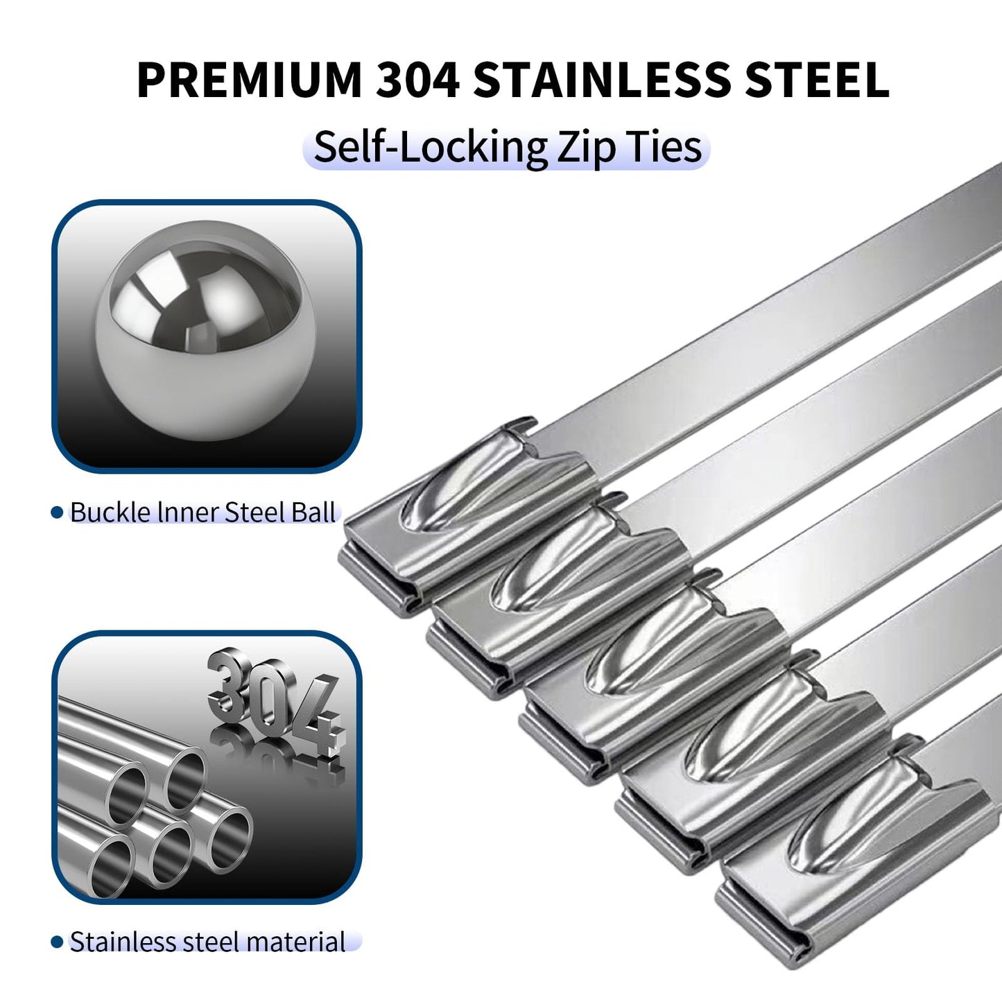 Metal Zip Ties 11.8 Inch 100pcs, 304 Stainless Steel Zip Ties for Outdoor Use, Heavy Duty Multi-Purpose Self-locking Cable Ties for Exhaust Wrap