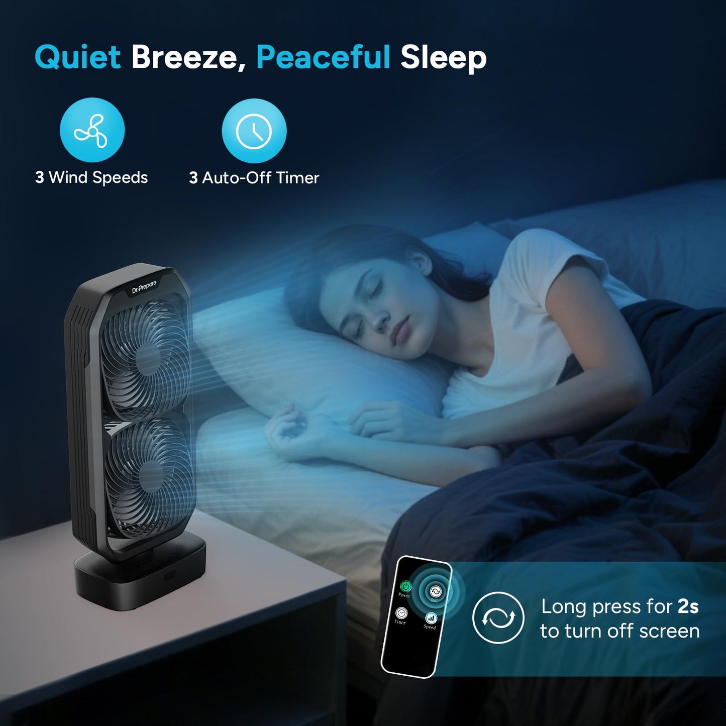 DR.PREPARE Small Oscillating Tower Fan with Remote, Rechargeable Battery Powered Desk Fan for Bedroom, 250° Tilt, 8H Timer, 3 Speeds, Portable Table
