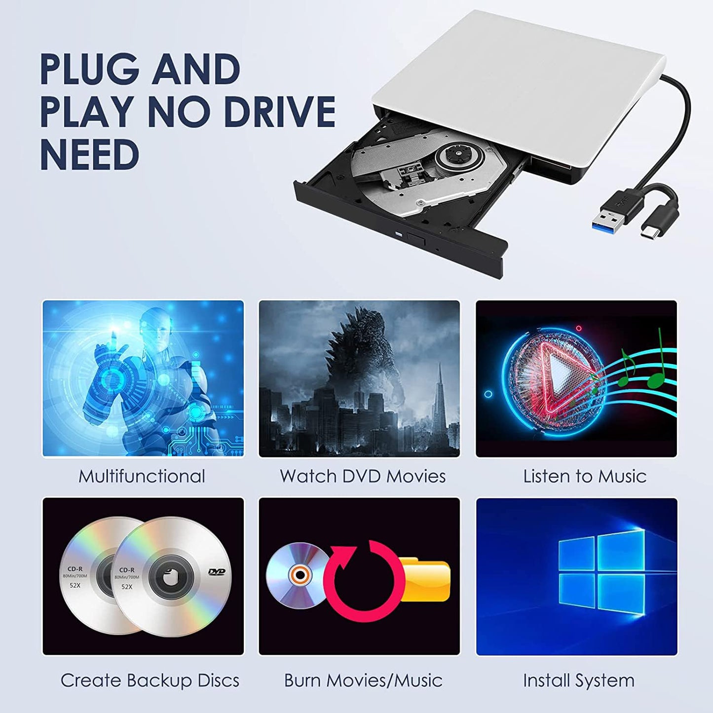 Hcsunfly External CD/DVD Drive for Laptop, Type-C CD/DVD Player USB 3.0 Portable Burner Writer Reader Compatible with Mac MacBook Pro/Air iMac Desktop