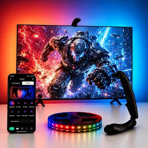 QTU TV Backlight Sync to Screen with Sensor, 18ft RGB LED Light Strip for 75-85” Monitor, Smart App Control, Game & Music Sync Color Lighting