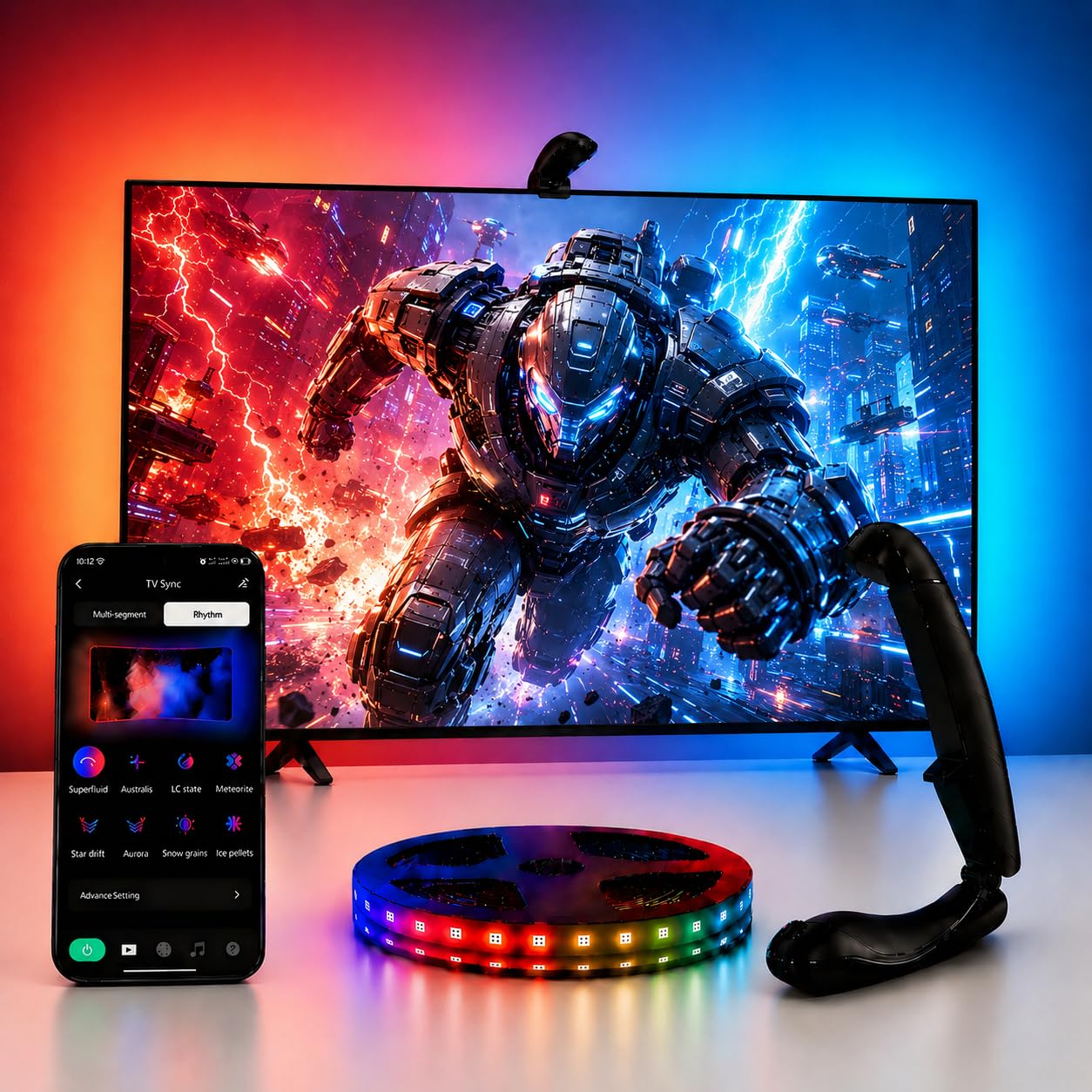 QTU TV Backlight Sync to Screen with Sensor, 18ft RGB LED Light Strip for 75-85” Monitor, Smart App Control, Game & Music Sync Color Lighting