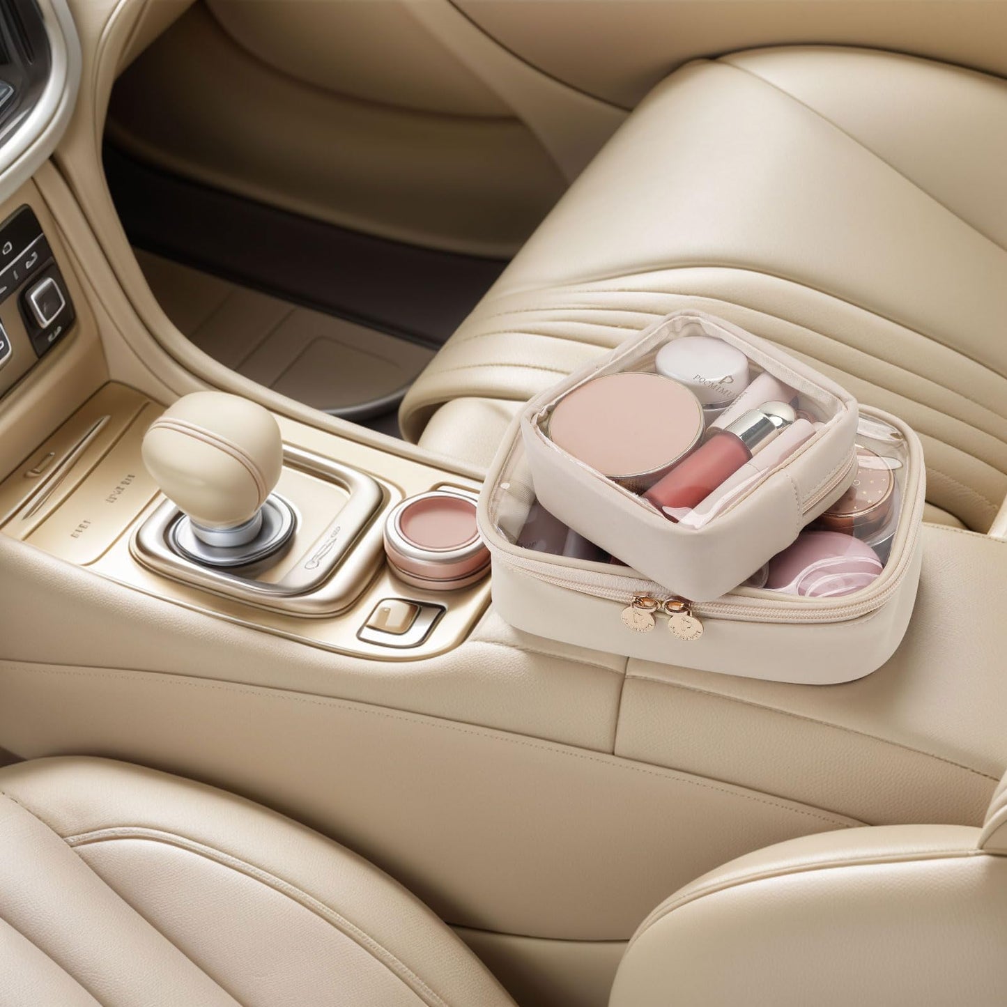 Pocmimut Mini Makeup Bag – Clear Travel Cosmetic Pouch, Toiletry Organizer for Women, Cute Purse & Car Accessories, Beige