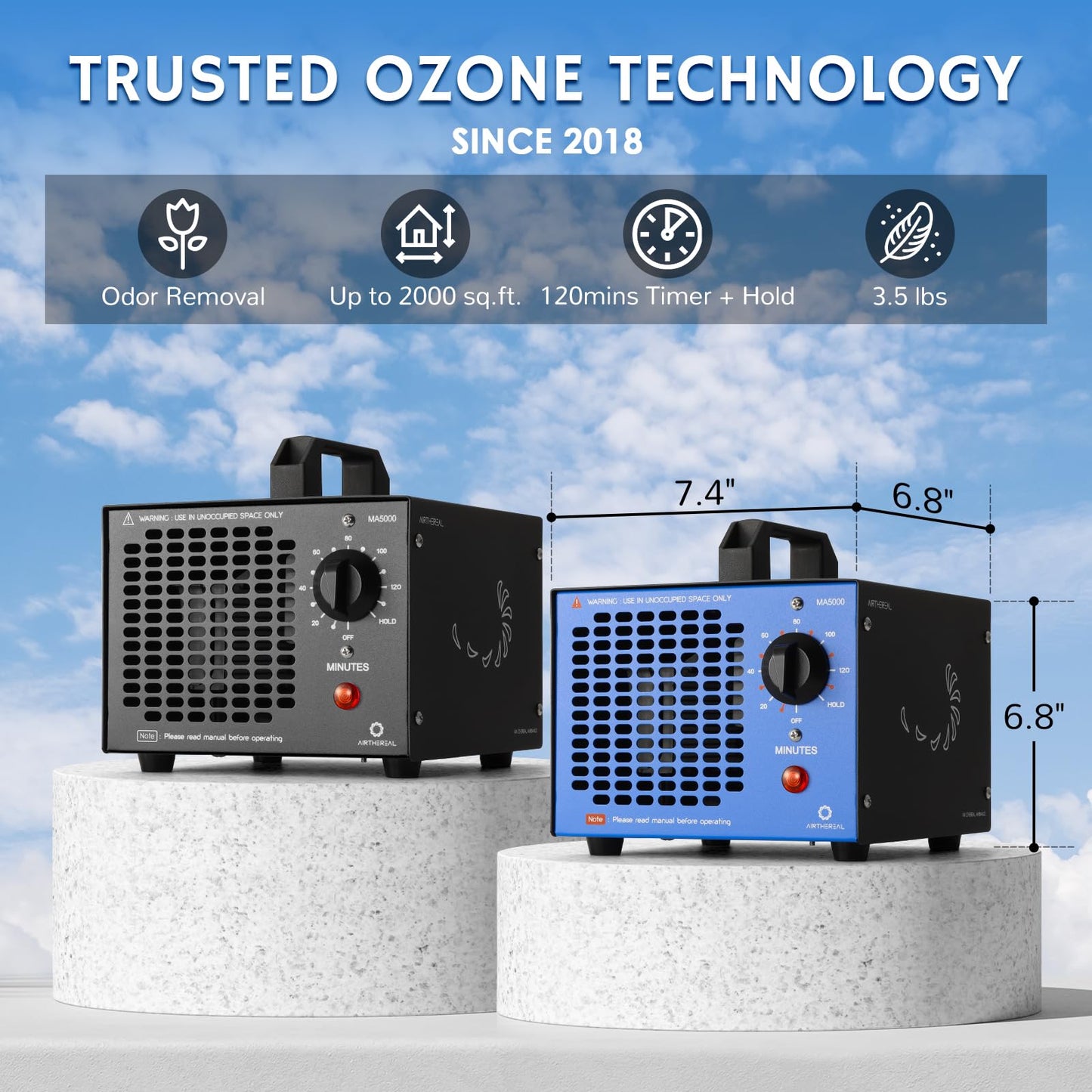 Airthereal MA5000 Ozone Generator, High Capacity, 2000 Sq Ft, Blue