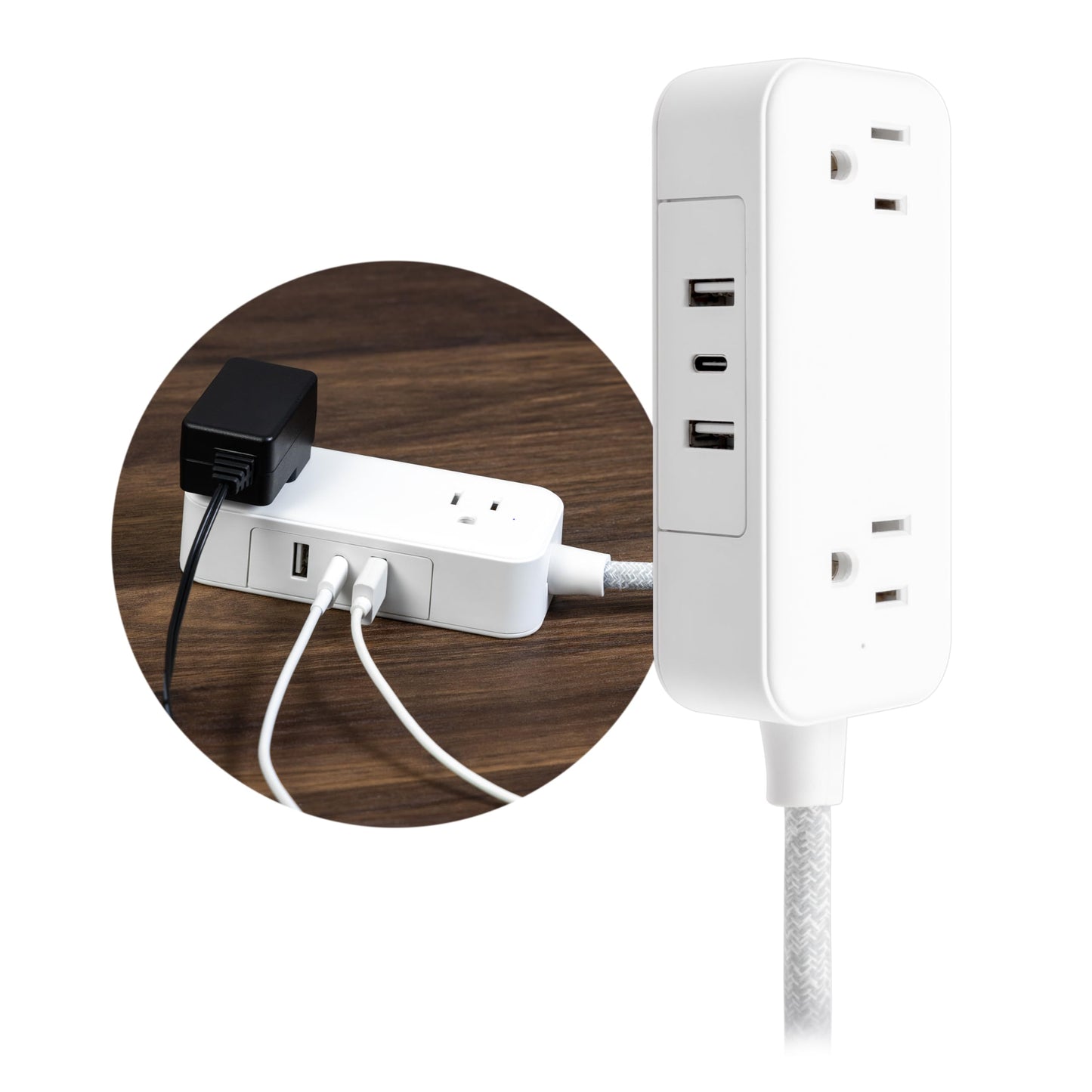 GE Flat Plug Power Strip Extension Cord with USB Ports, Travel Power Strip with 2 Outlets 3 USB Ports, Cruise Ship Essentials, 6 Ft Braided Small