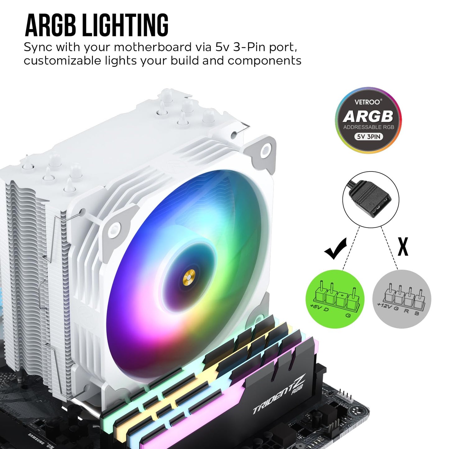 Vetroo V5 CPU Air Cooler with 5 Heat Pipes 120mm FDB PWM Processor Cooling for Intel LGA 1851/1700/1200/115X AMD AM5/AM4, Addressable RGB Lights Sync
