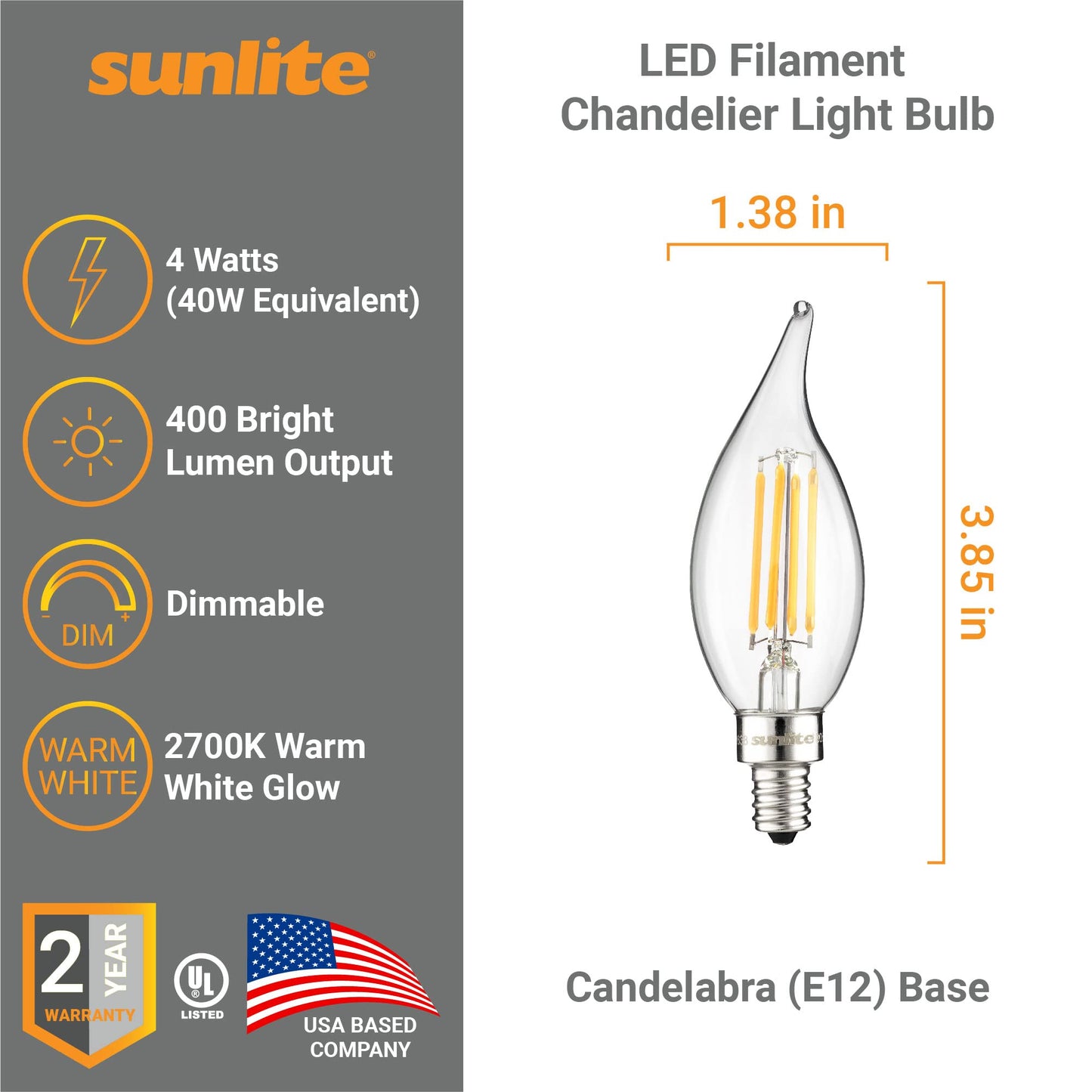 Sunlite 41651 LED Filament Flame Tip Chandelier Light Bulb, 4 Watts (40W Equivalent) 400 Lumens, Candelabra (E12) Base, Dimmable, Clear Glass Edison