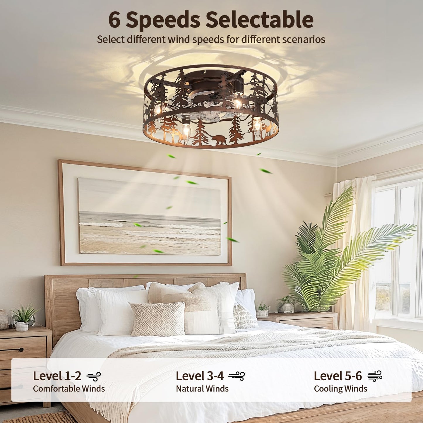 Merexcint Flush Mount Ceiling Fan, Rustic Low Profile Fandelier with Deer