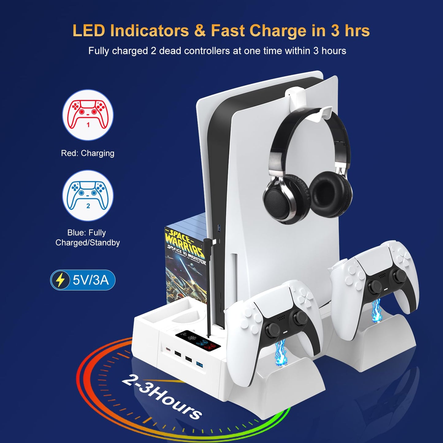 PS5/Slim Cooling Station for PS5 Disc&Digital, PS5 Cooling Stand with Dual Controller Charging for PlayStation 5 Console, Multi-Function PlayStation 5
