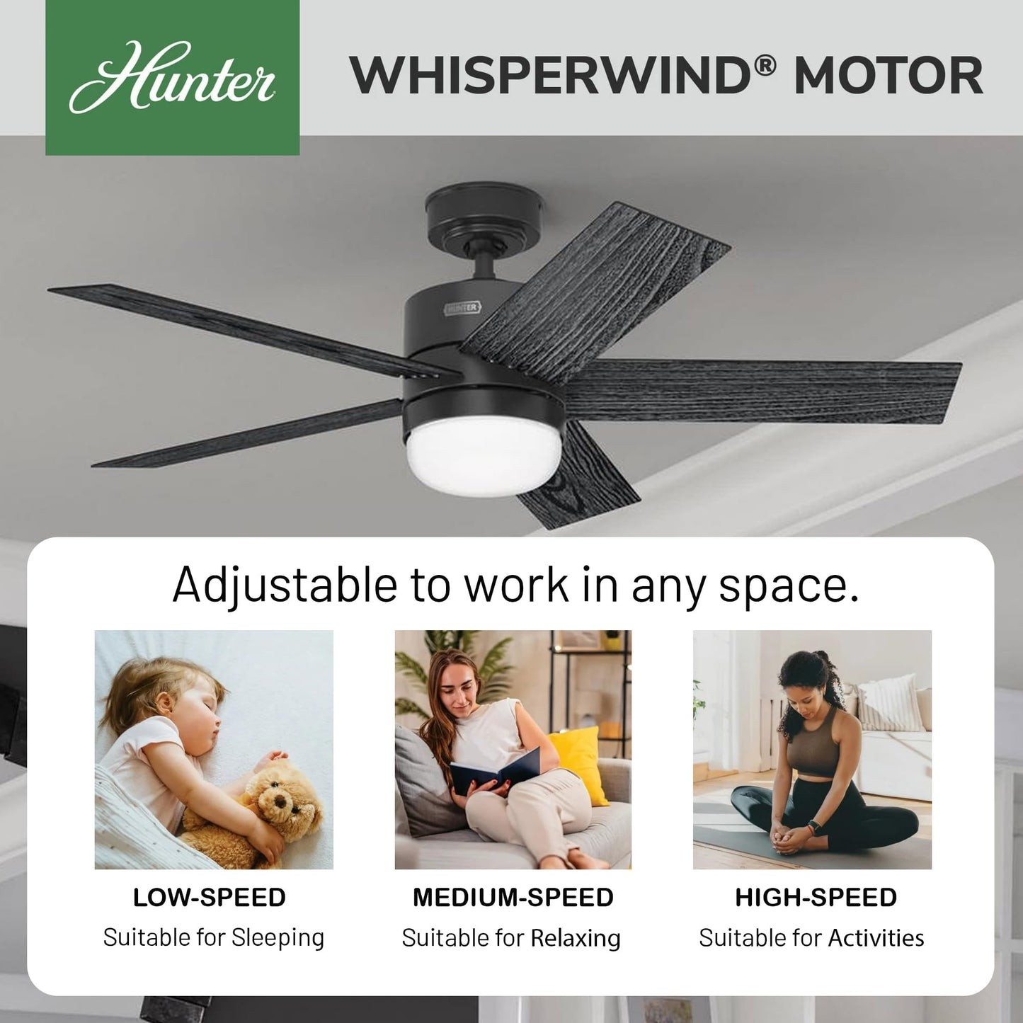 Hunter Fan 52 inch Casual Matte Black Indoor Ceiling Fan with LED Light Kit and Remote Control (Renewed)