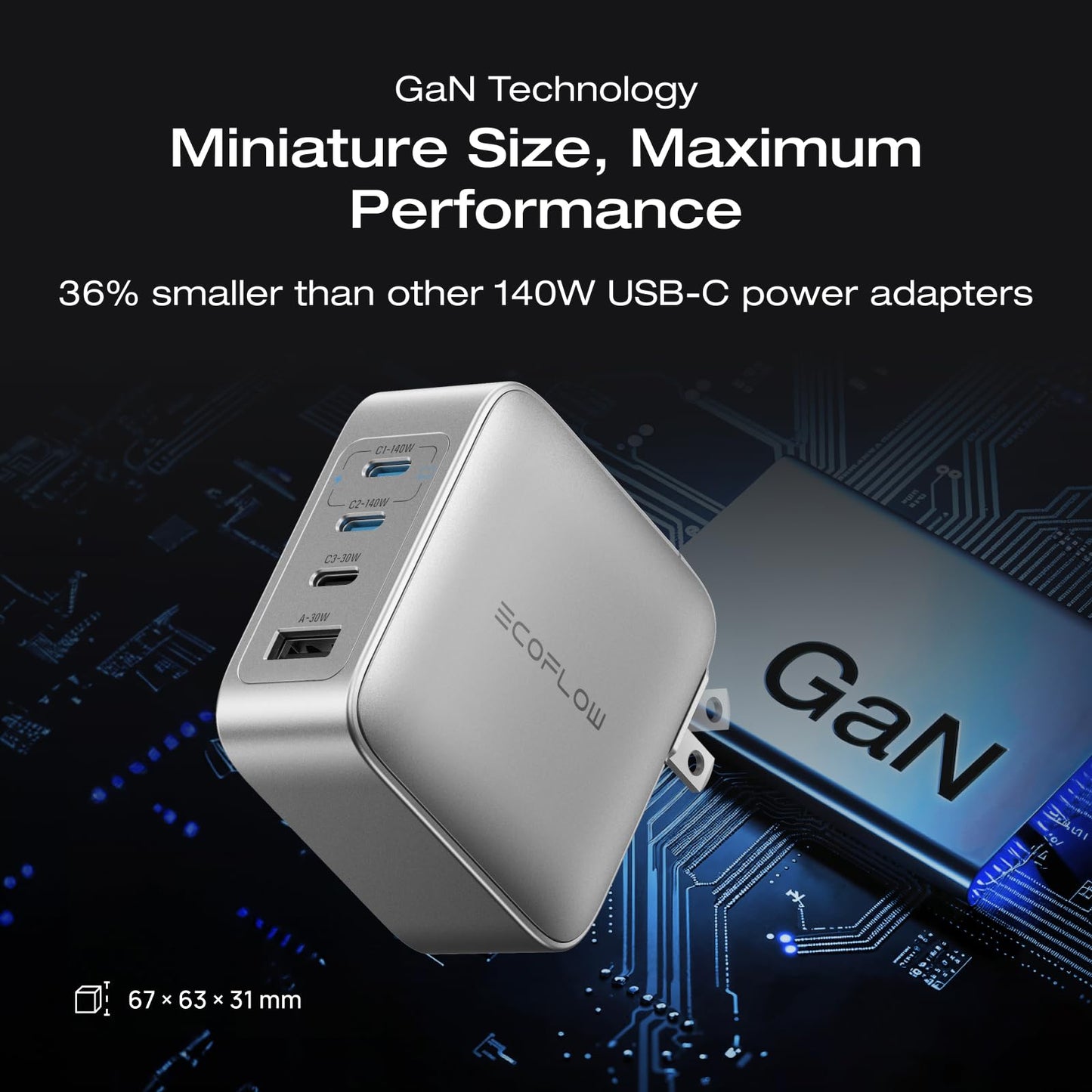 EF ECOFLOW Rapid Pro Charger, 146W 4-Post GaN USB C Charger Block, Up to 140W Single?Port Charging, Foldable and Compact for MacBook, iPad, iPhone 17