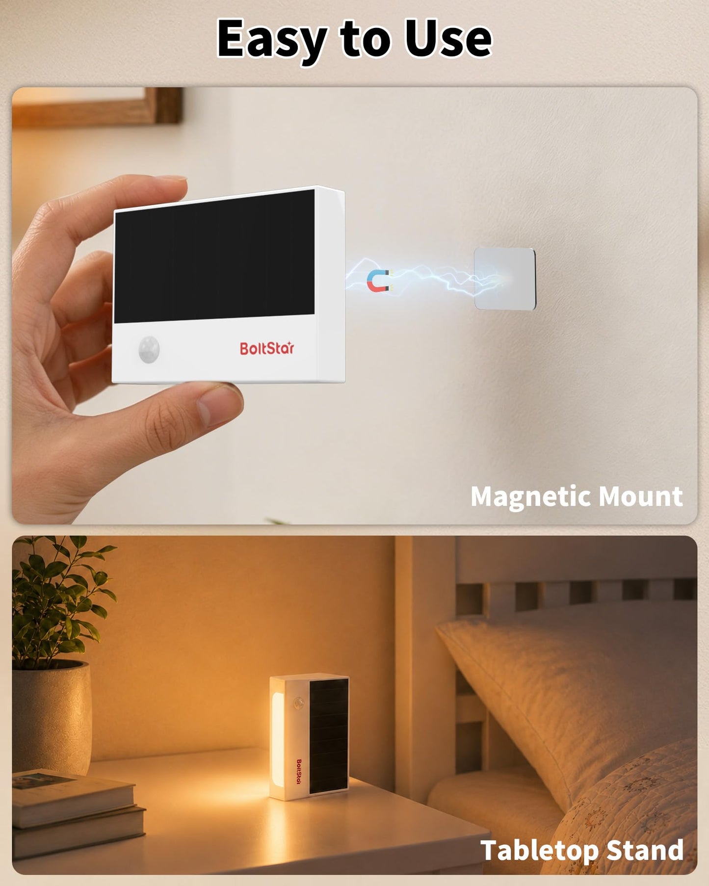 BoltStar Motion Sensor Night Light, Solar Night Light Indoor No Outlet Needed, Magnetic Wall Mount or Tabletop, 3000K Soft Warm Light for Bedroom