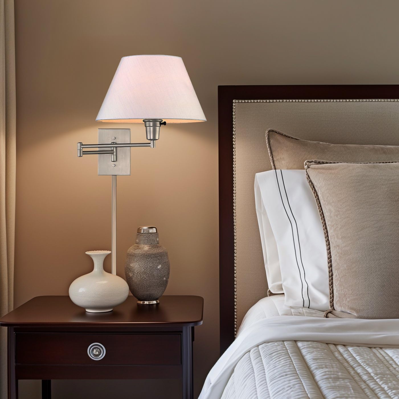 Kira Home Cambridge 15" Modern Swing Arm Wall Sconce with White Empire Fabric Shade, 2-in-1 Plug in or Hardwired Wall Lamp with 3-Way Switch, Satin
