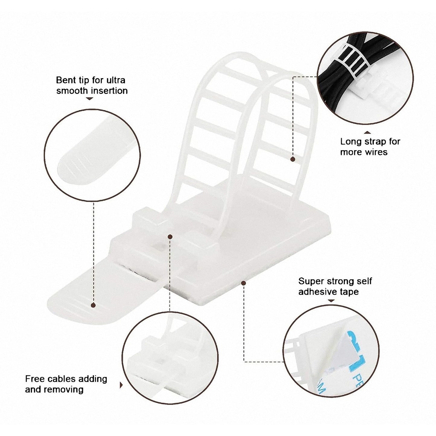 MyyYiTar 30 pcs Adhesive Cable Ties Adjustable Cable Mount. Self-adhesive Nylon Cord Clip Fastener, Cable Management Wire Organizer Fixture (White)