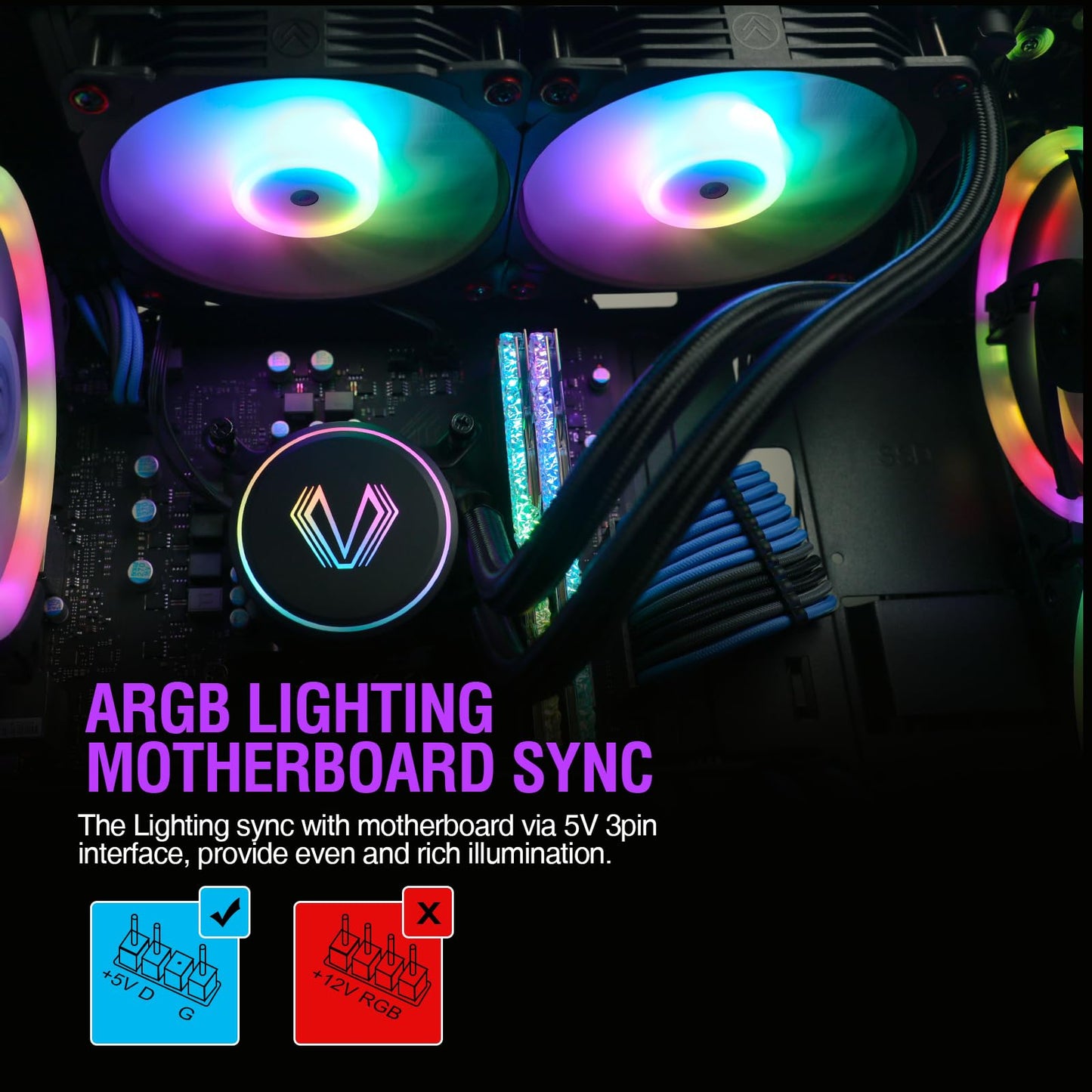 Vetroo V240 Black Liquid CPU Cooler 240mm Addressable RGB Pump & PWM Fans 250W TDP AIO Water Cooling w/Controller Hub for Intel LGA