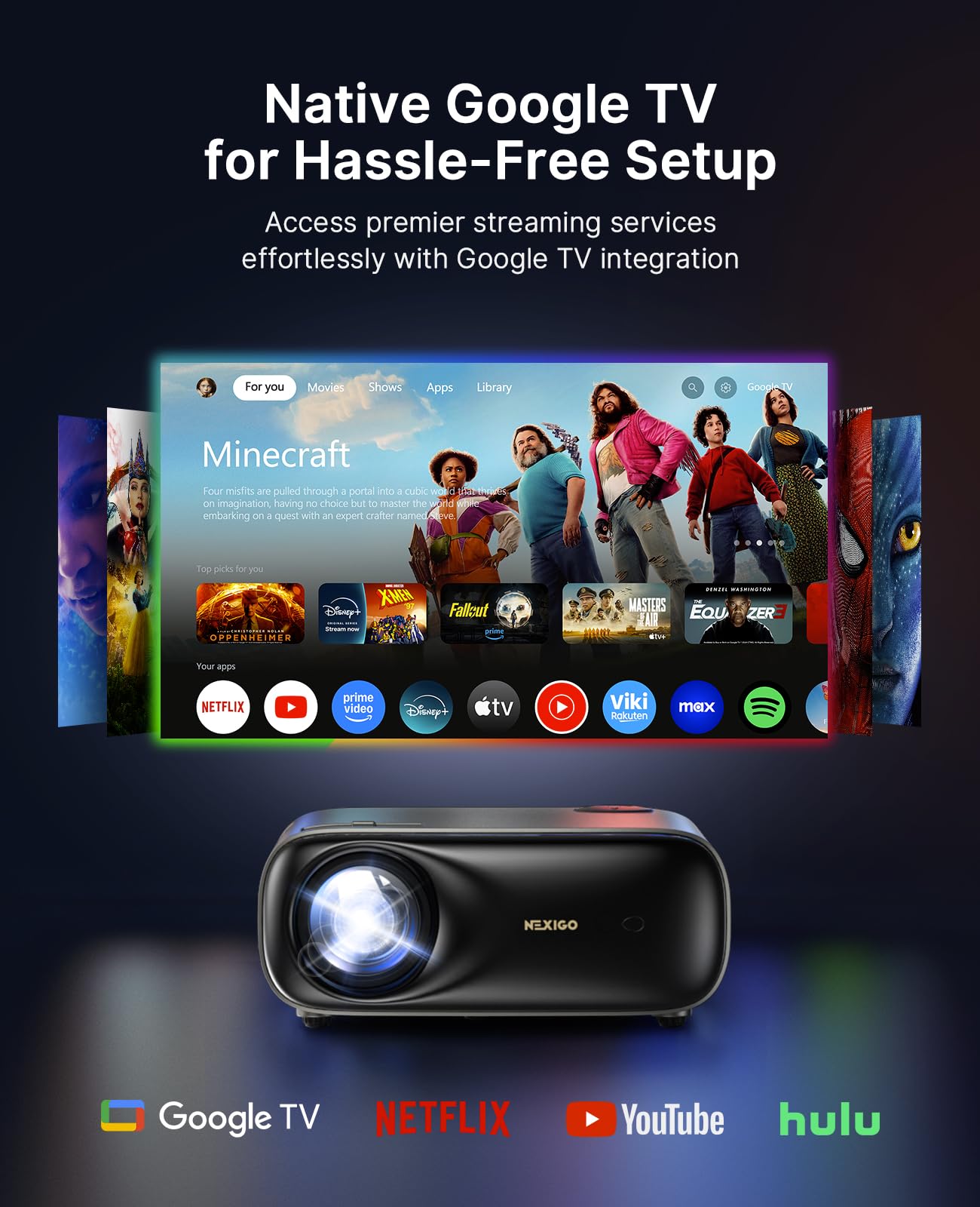 NexiGo PJ40 Pro Google TV Projector, Native 1080p, 4K Support, AI Image Enhancement, 800 ANSI Lumens, Smart Projector with Auto Keystone, 20 W