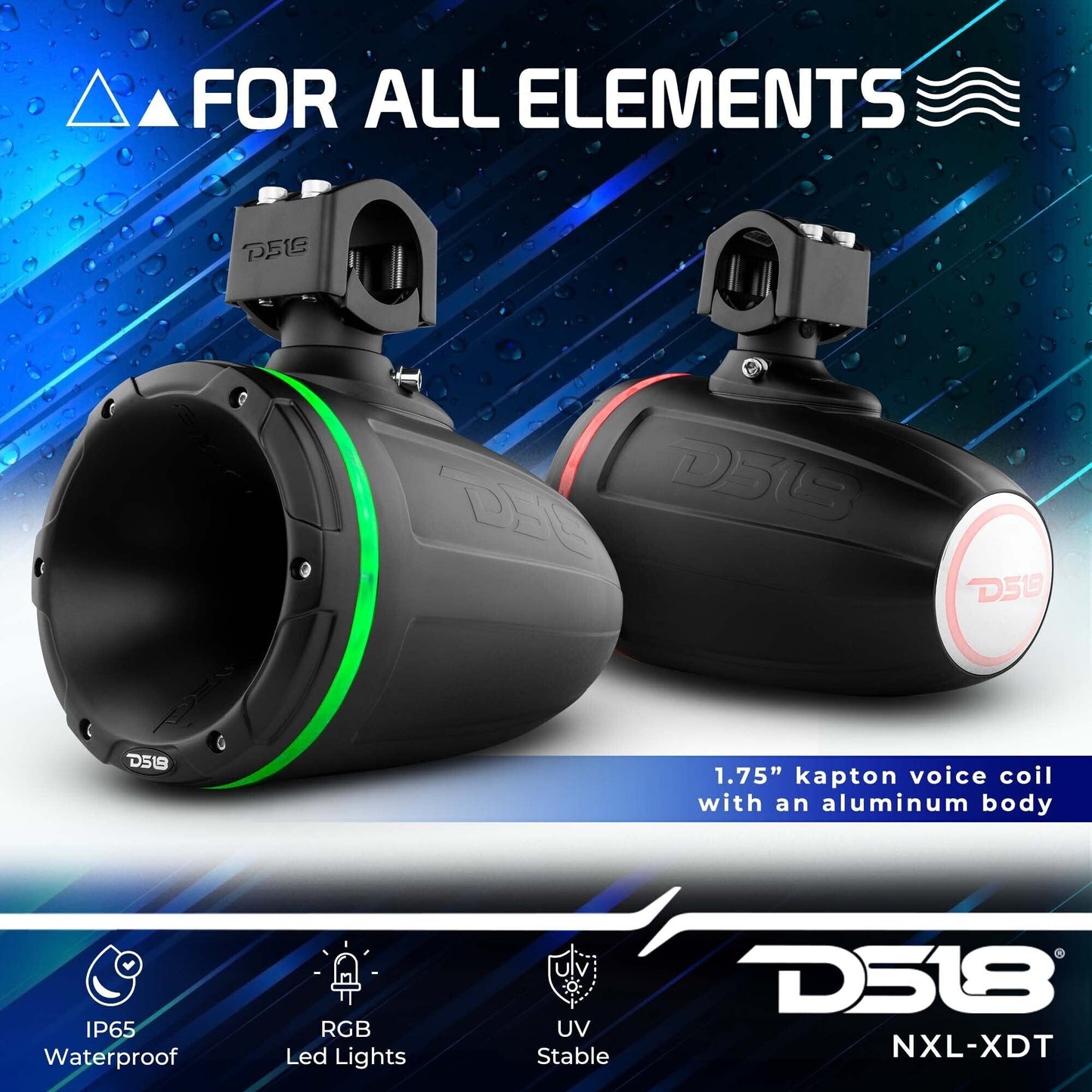 DS18 Hydro NXL-XDT/BK 1.75" Driver Wakeboard Pod Tower Speaker with Integrated RGB LED Lights, Waterproof, UV Stable, 900 Watts, 4 ohm - for All