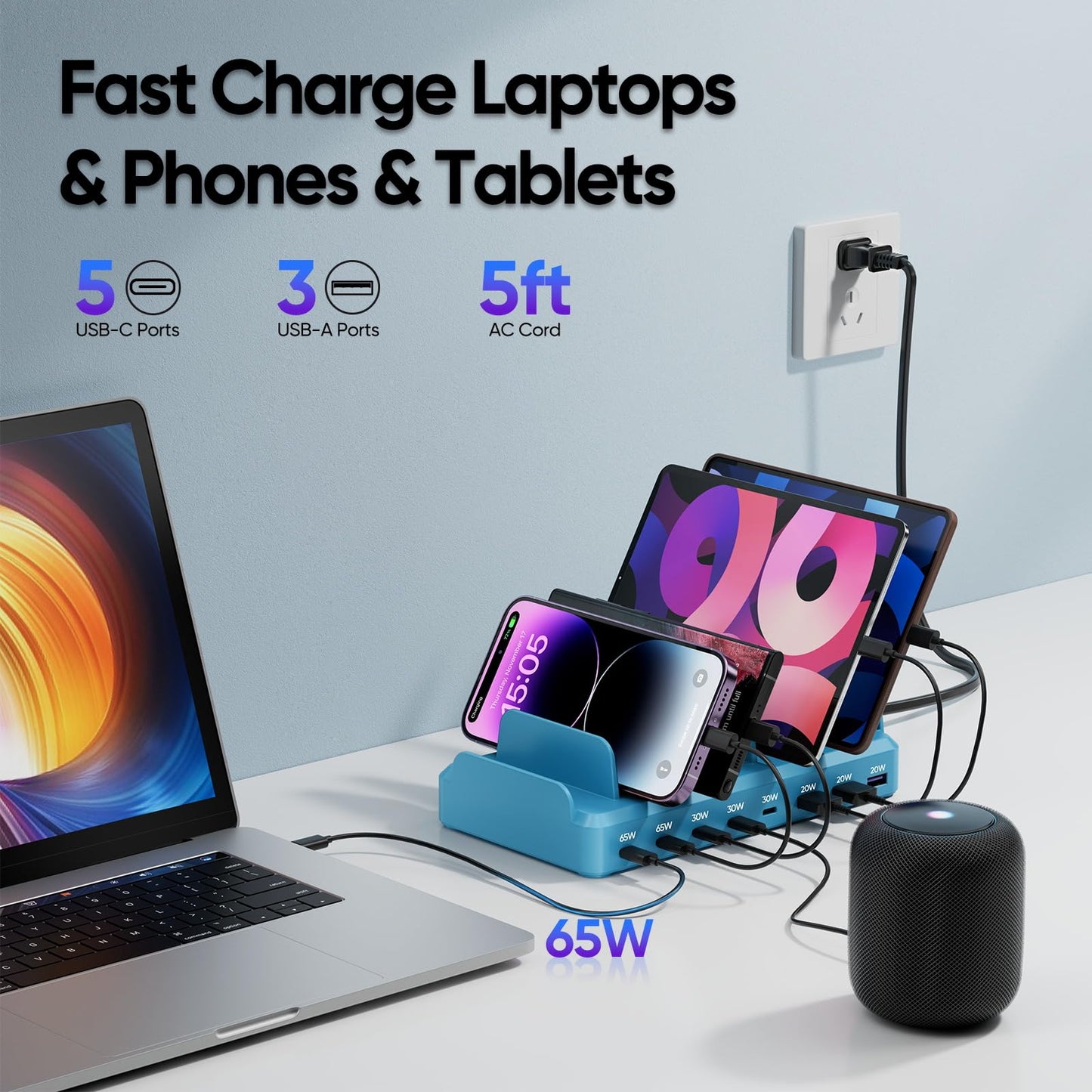 300W Charging Station for Multiple Devices, 8 Port Multi USB C Fast Charger Station Dock for MacBook iPhone 16/15/14/13/12 Samsung Pixel Series iPad