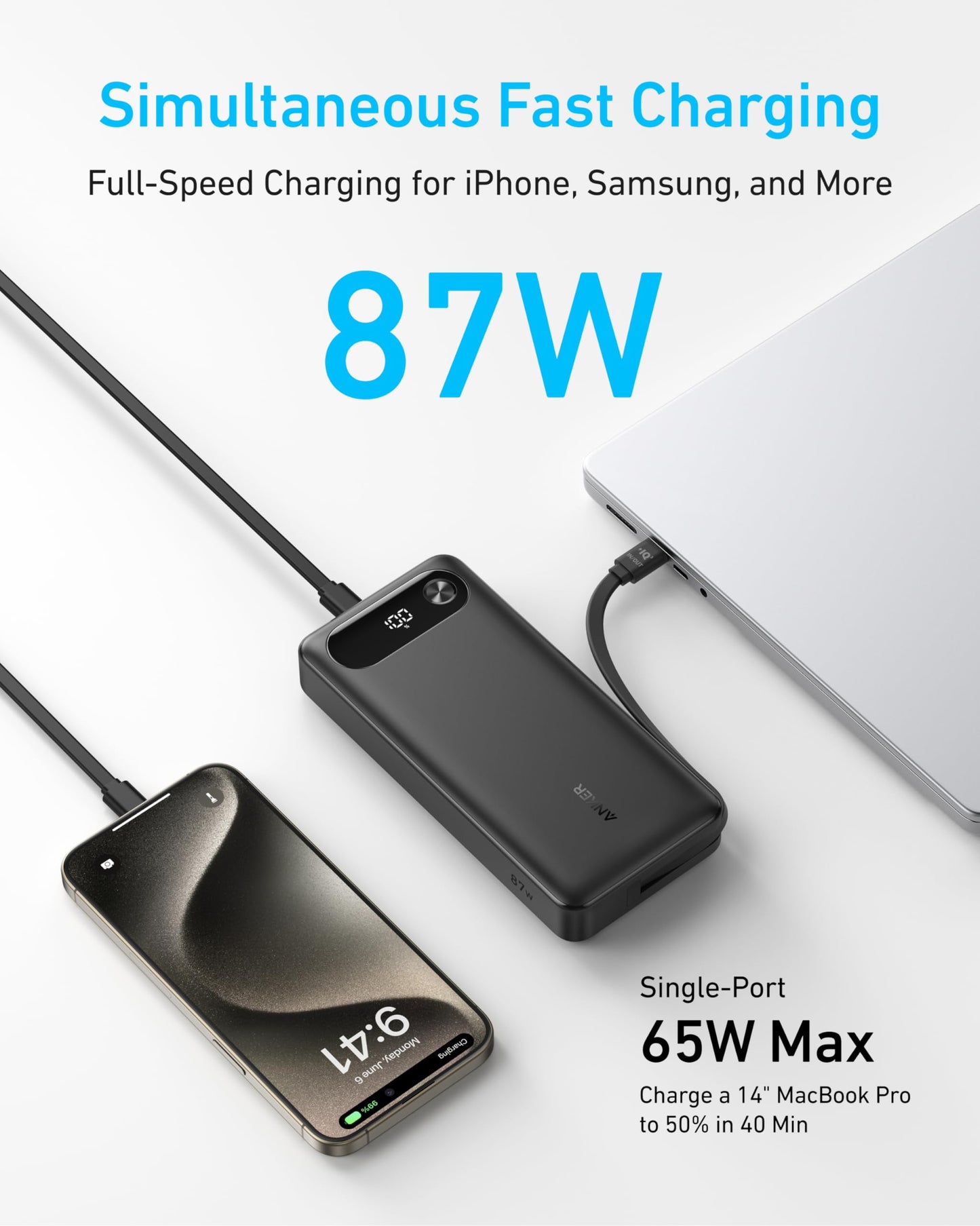 Anker Power Bank, 20,000mAh Travel Essential Portable Charger with Built-in USB-C Cable, 3-Port 87W Max Fast Charging Battery Pack, for MacBook