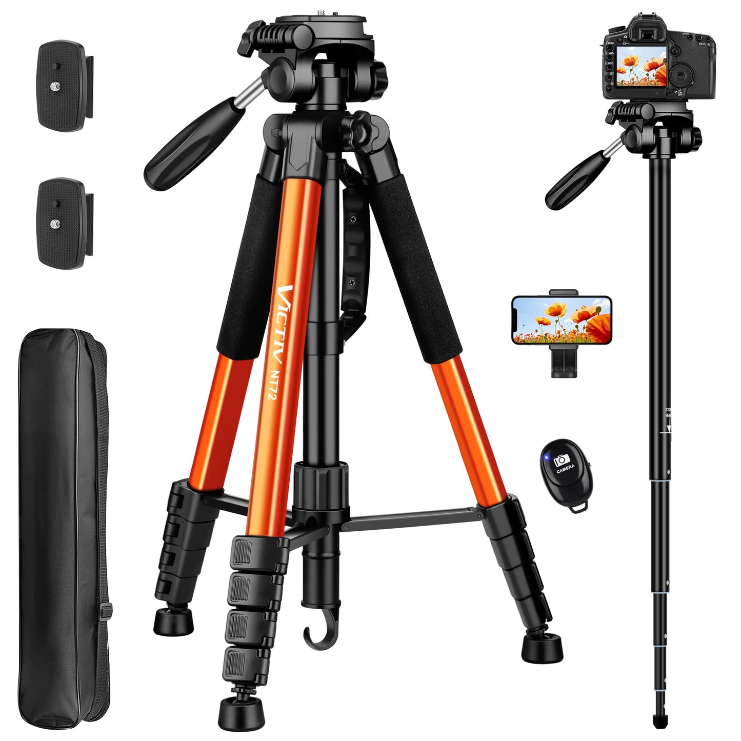 Tripod for Camera, 72" Tall Camera Tripod & Monopod with Remote, Professional Heavy Duty Compact Camera Stand for Phone, DSLR, Spotting Scope