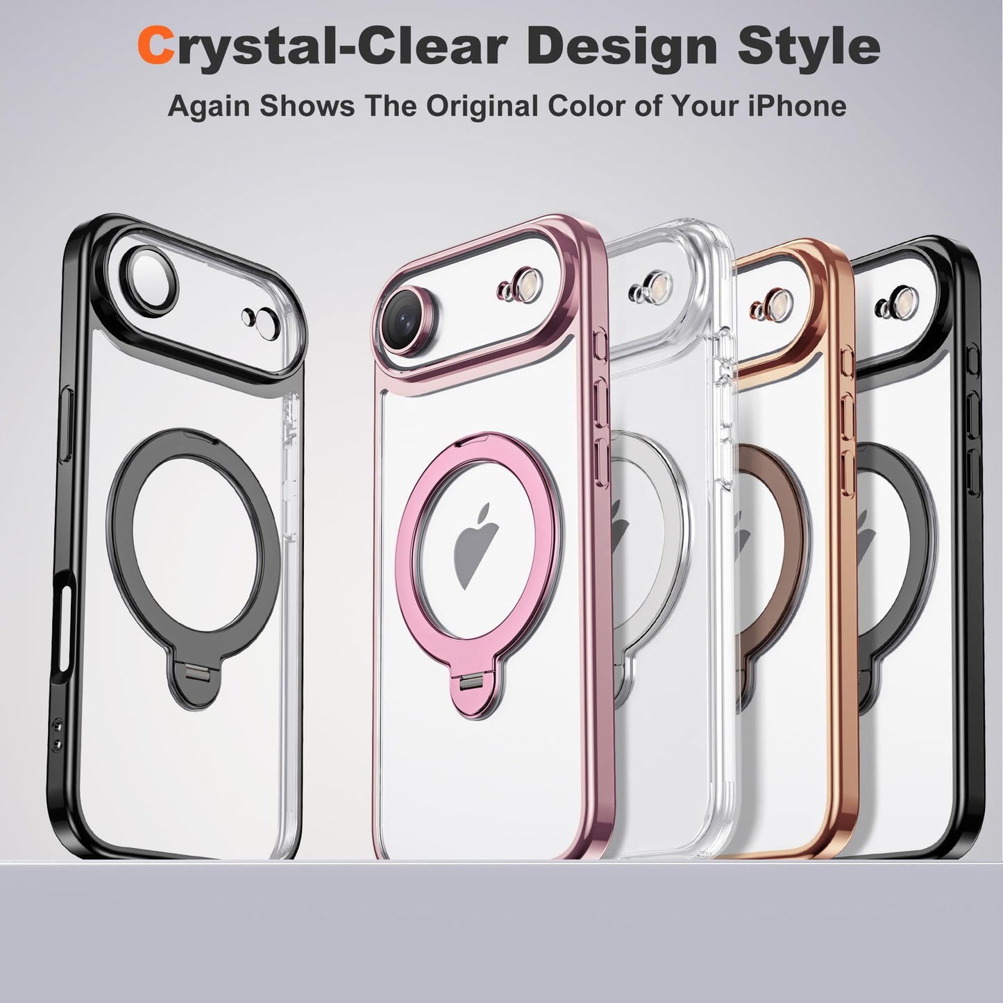 AmoraAqua Compatible with iPhone 17 Air Case with 360° Magnetic Ring Stand Compatible with Mag-Safe Camera Lens Protector Plating Clear Phone Case