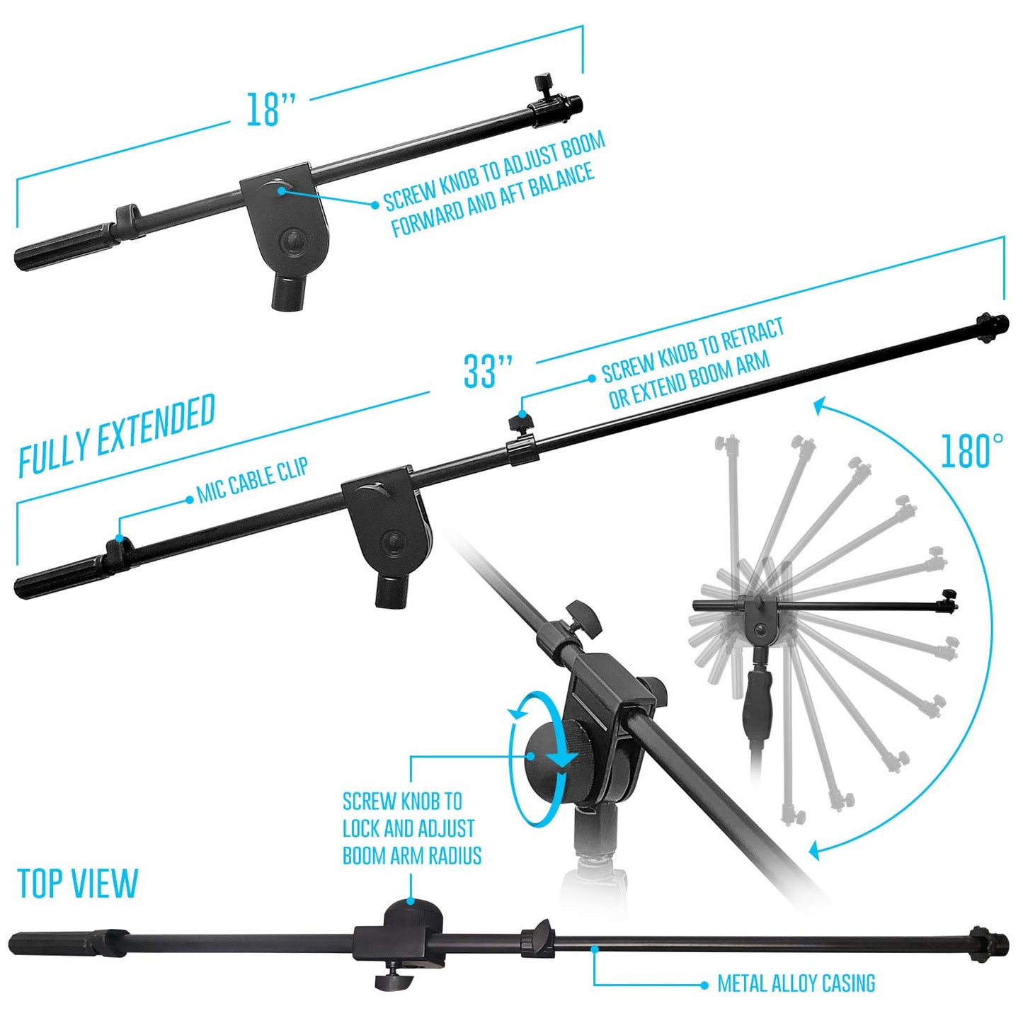 AxcessAbles One Hand Microphone Stand with Weighted Heavy Round Base and Quick Grip Height Adjustment - Telescoping Mic Boom Arm Included. Tall