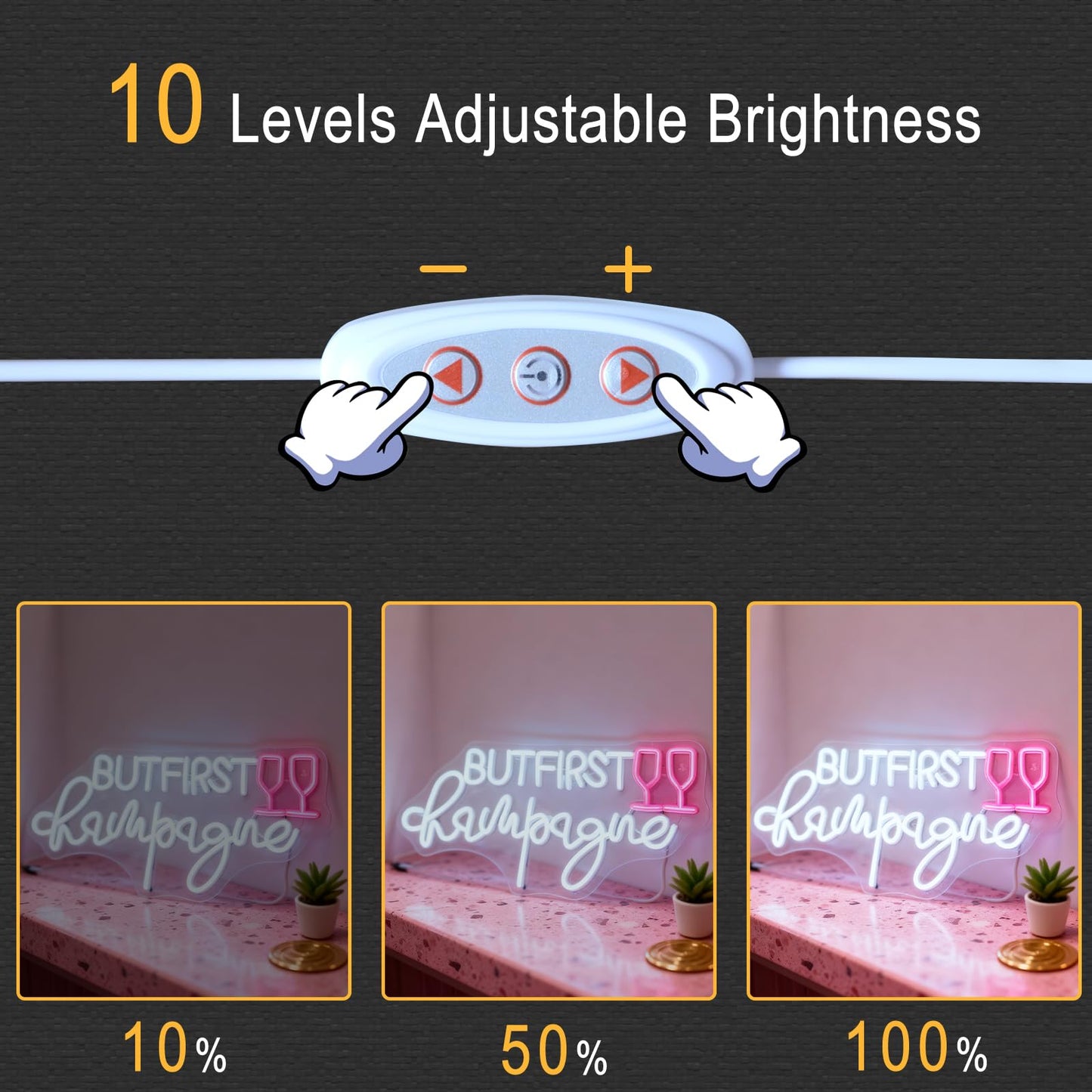 But First Champagne Neon Sign - USB Powered Wall Table Decor for Party Bar Living Room Bedroom, White and Pink LED Decorative Neon Light, 16.7 x 8.7