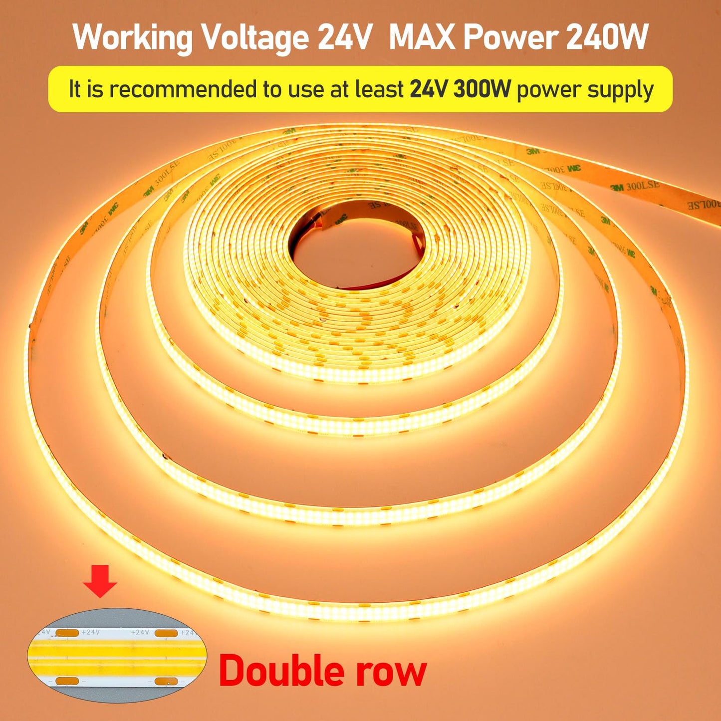 GOMING 32.8ft(10M) DC 24V Double Row COB LED Strip Light Warm White 3000K IP65 Waterproof 6000LEDs CRI 93+ 20000lm Uniform Glow Dotless Flexible LED