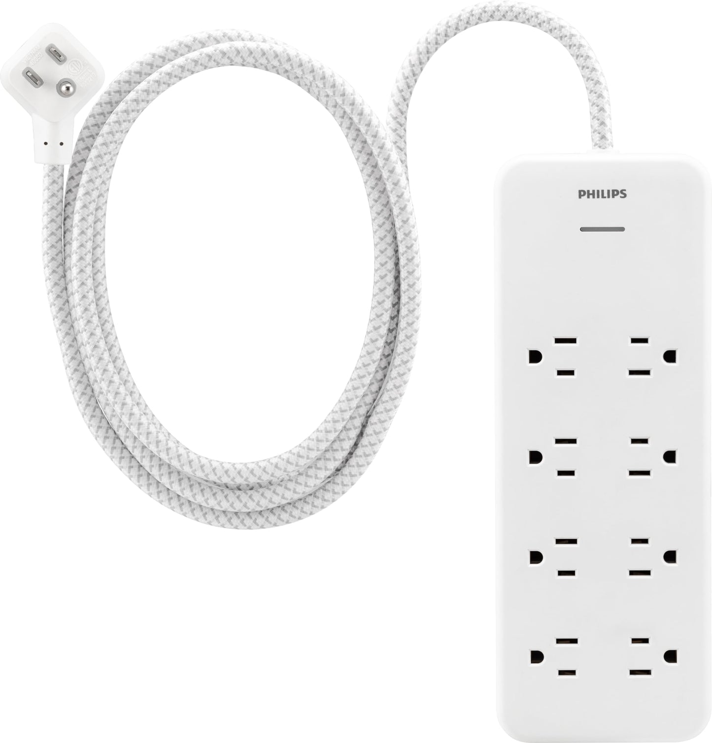 Philips EZFit 8-Outlet Surge Protector Power Strip, 8 Ft Braided Extension Cord, Widely Spaced Outlets, Flat Plug, for Home Office Dorm Essentials