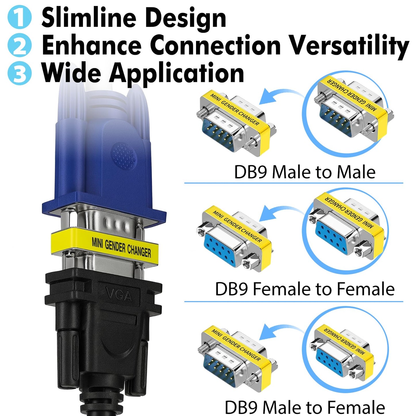 Cyberguys DB9 Gender Changer 3-Pack - Serial Adapter Set Includes DB9 Female to Female, Male to Male, and Male-to-Female - Slimline RS232 Connector…