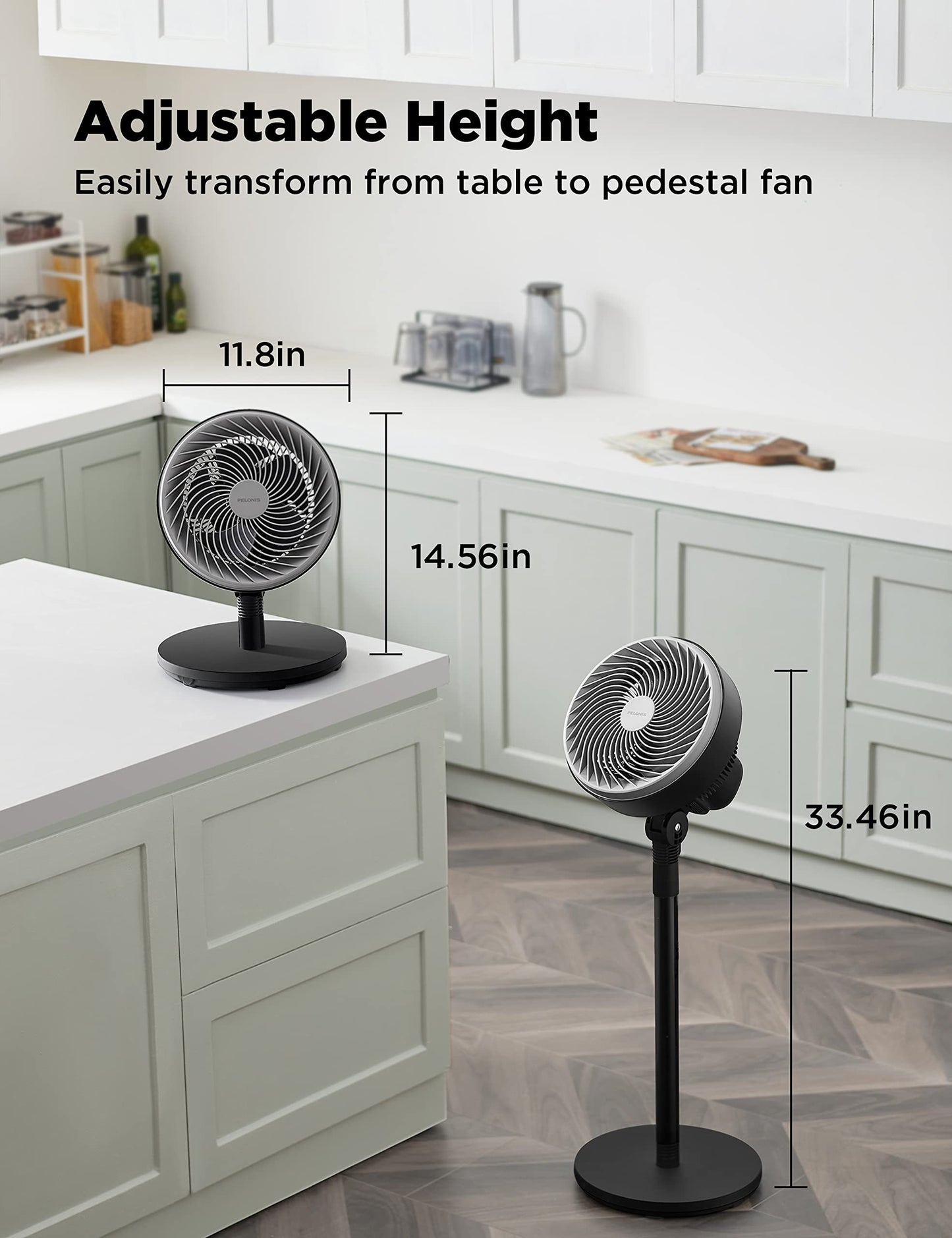 PELONIS Air Circulator Fan | 2 In 1 Table Pedestal Fan | Adjustable Height| 75-Degree Tilt |7-inch airfoil fan blades| 3 Speeds | Low Noise |Solid