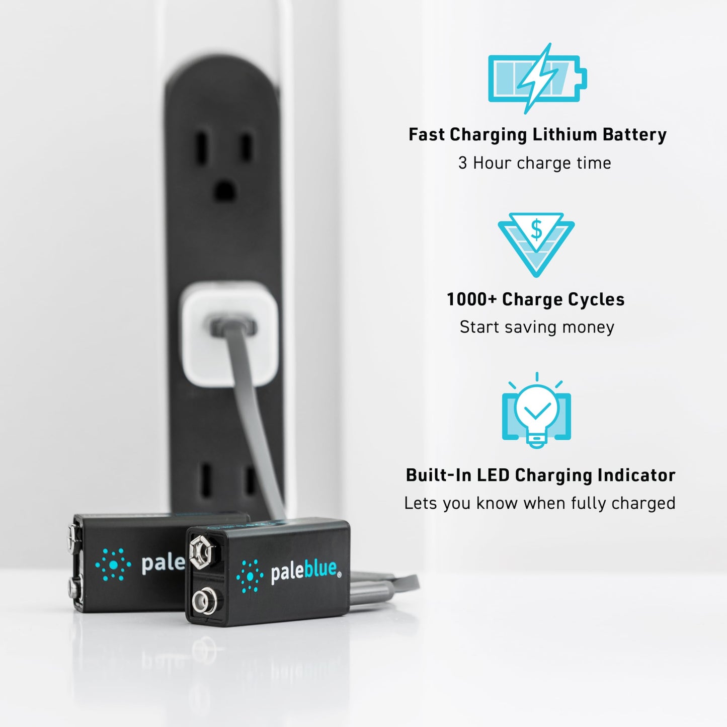paleblue USB Rechargeable 9V Batteries (6-Pack) - 4500mWh Lithium Ion, 1000+ Charge Cycles, Includes (3) 2-in-1 USB-A to USB-C Charging Cables, LED…