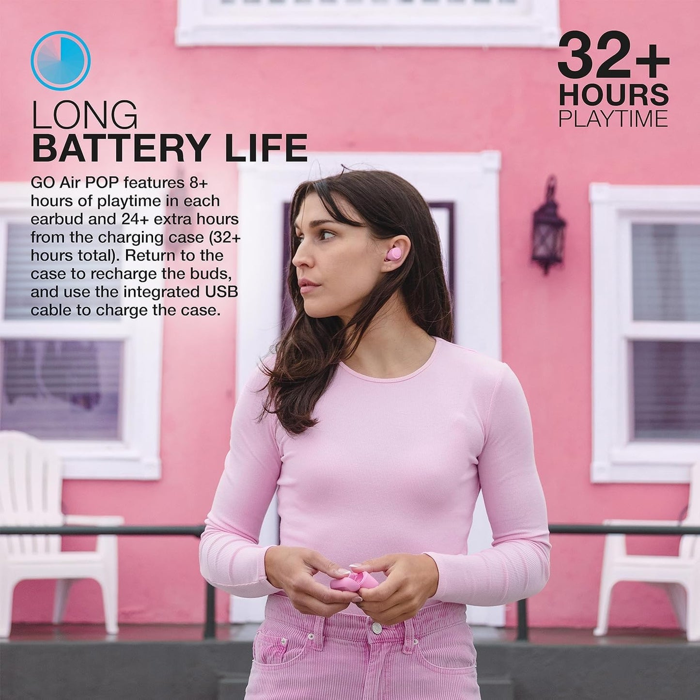 JLab Go Air Pop+, True Wireless Earbuds, Bluetooth Earbuds with Microphone, Dual Connect, EQ3 Sound, Pink