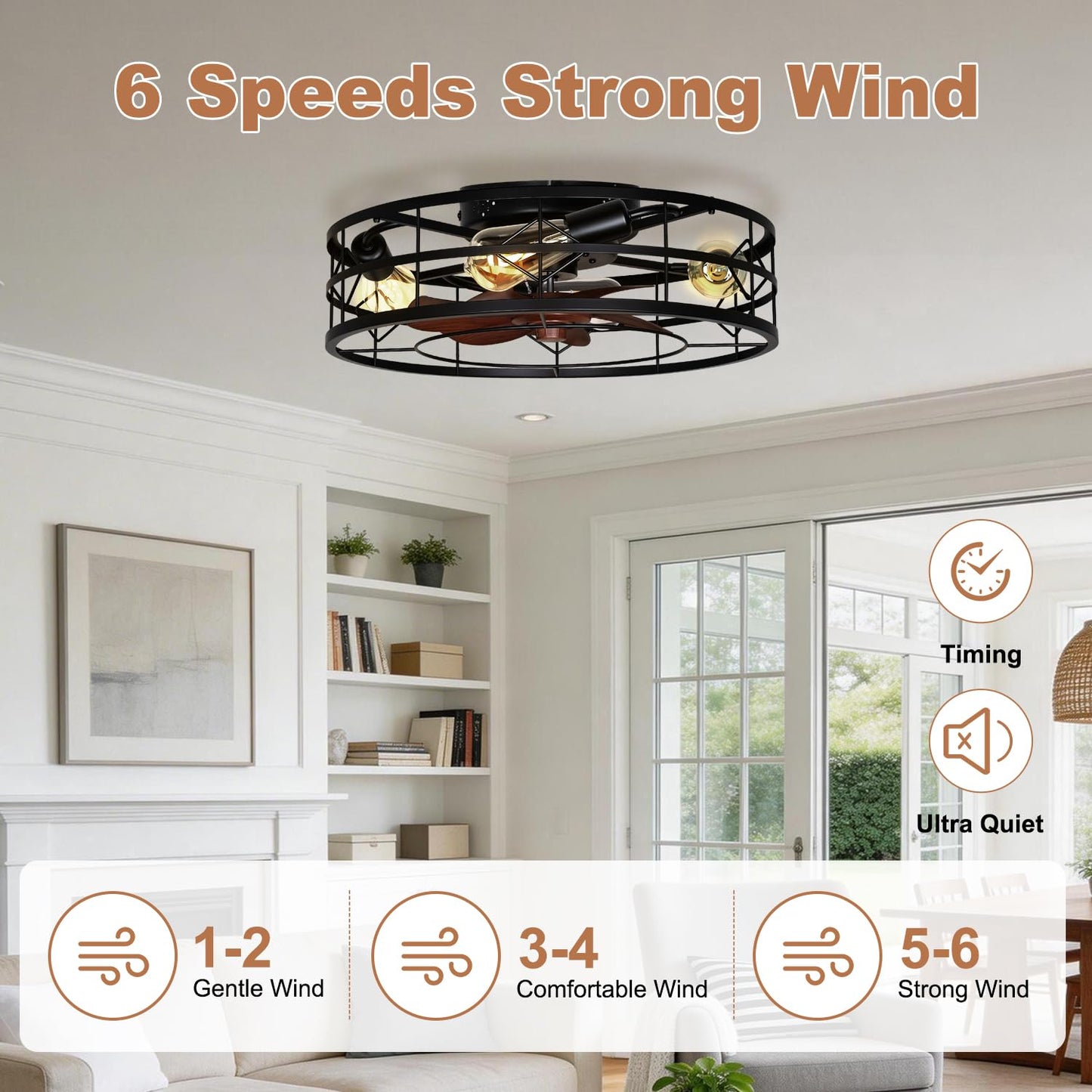 TCL 24" Black Caged Low Profile Ceiling Fans with Lights & Remote