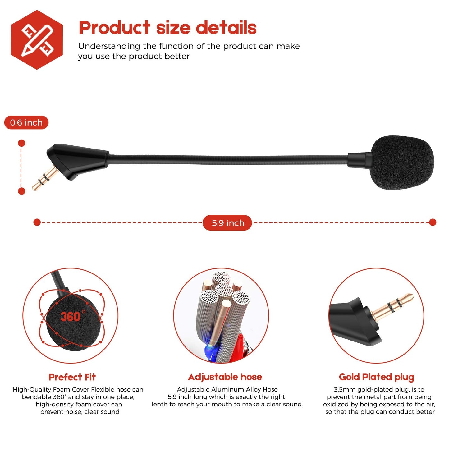 AKKE Cloud Alpha Pro Replacement Mic 2 PCS 3.5mm Detachable Game Microphone Boom Compatible Cloud Alpha S, Alpha PRO Gaming Headsets