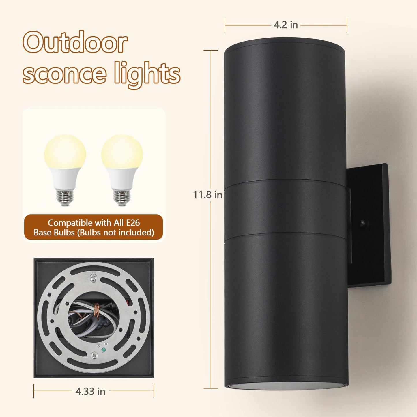 Nigaut 11.8" Black Outdoor Wall Lights 2 Pack, E26 Up and Down Sconces