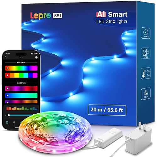 Lepro SE1 AI Smart LED Strip Lights - 65.6ft RGB Color Changing Light Strips with APP Control, AI Generated Lighting, Music Sync, 2.4GHz Wi-Fi