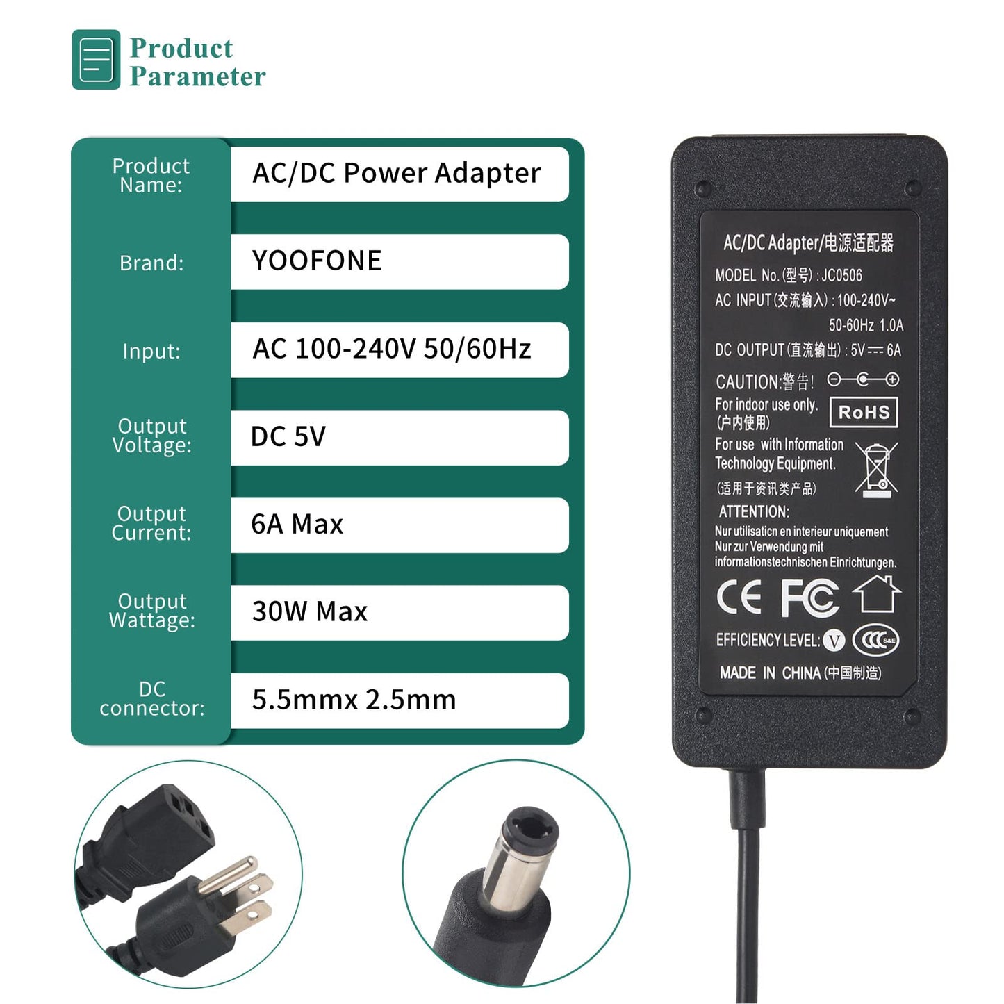 YOOFONE 5V 6A Power Supply, 30W Switching Power Adapter AC 100-240V to DC 5 Volt 6A 5A 4A 3A 2A 1A Transformers Tip 5.5x2.5mm for LED Strips CCTV…