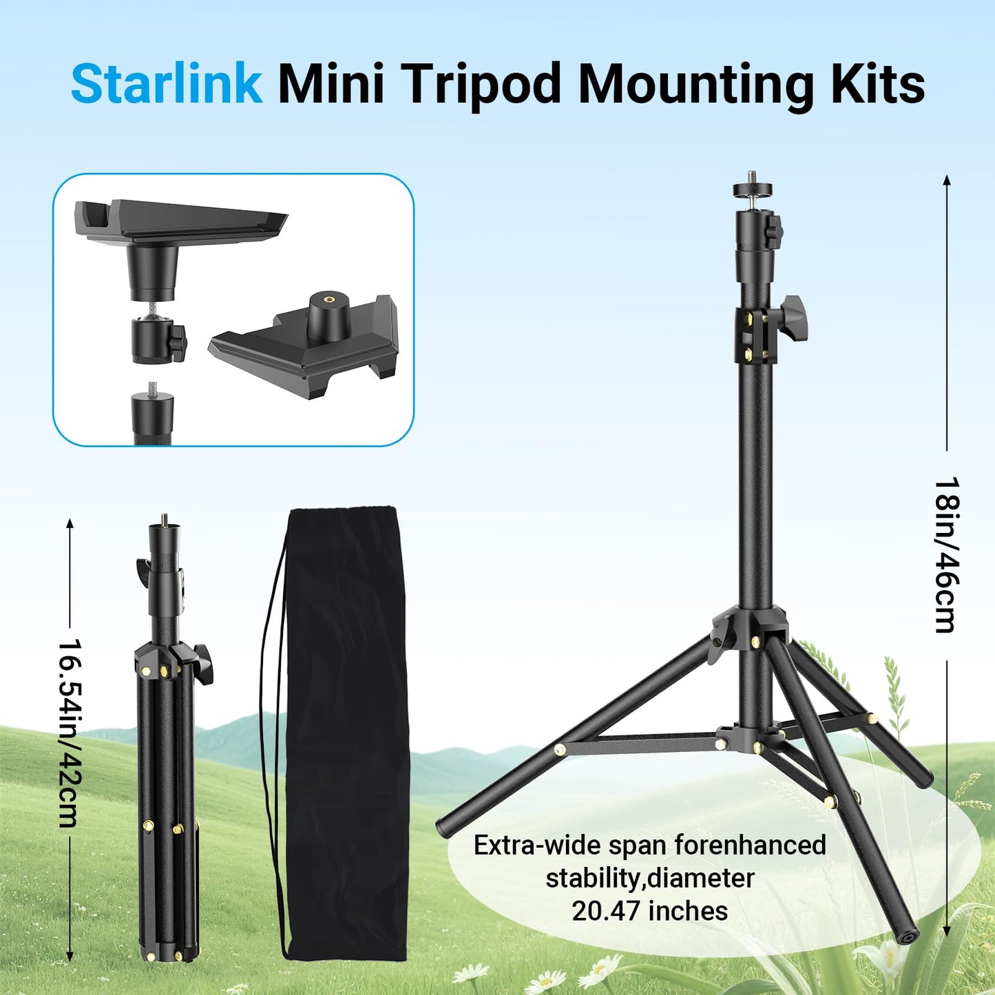 Starlink Mini Tripod Mount with Adapter - Height Adjustable & 360° Tilt, Compatible with Starlink Mini Terminal, Portable Sturdy Stand for RV Camping