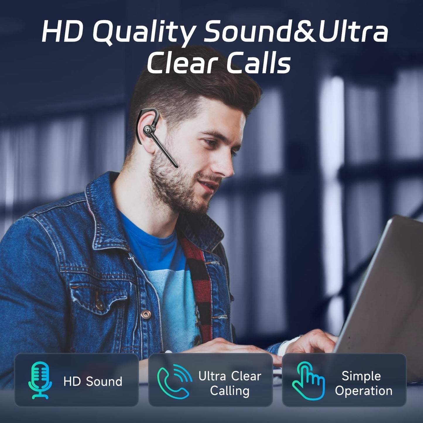 Wireless Headset Bluetooth Earpiece with Dual Noise Canceling Microphone Hands Free Headphones Single Ear Earphone Over Ear Earbud for iPhone Samsung