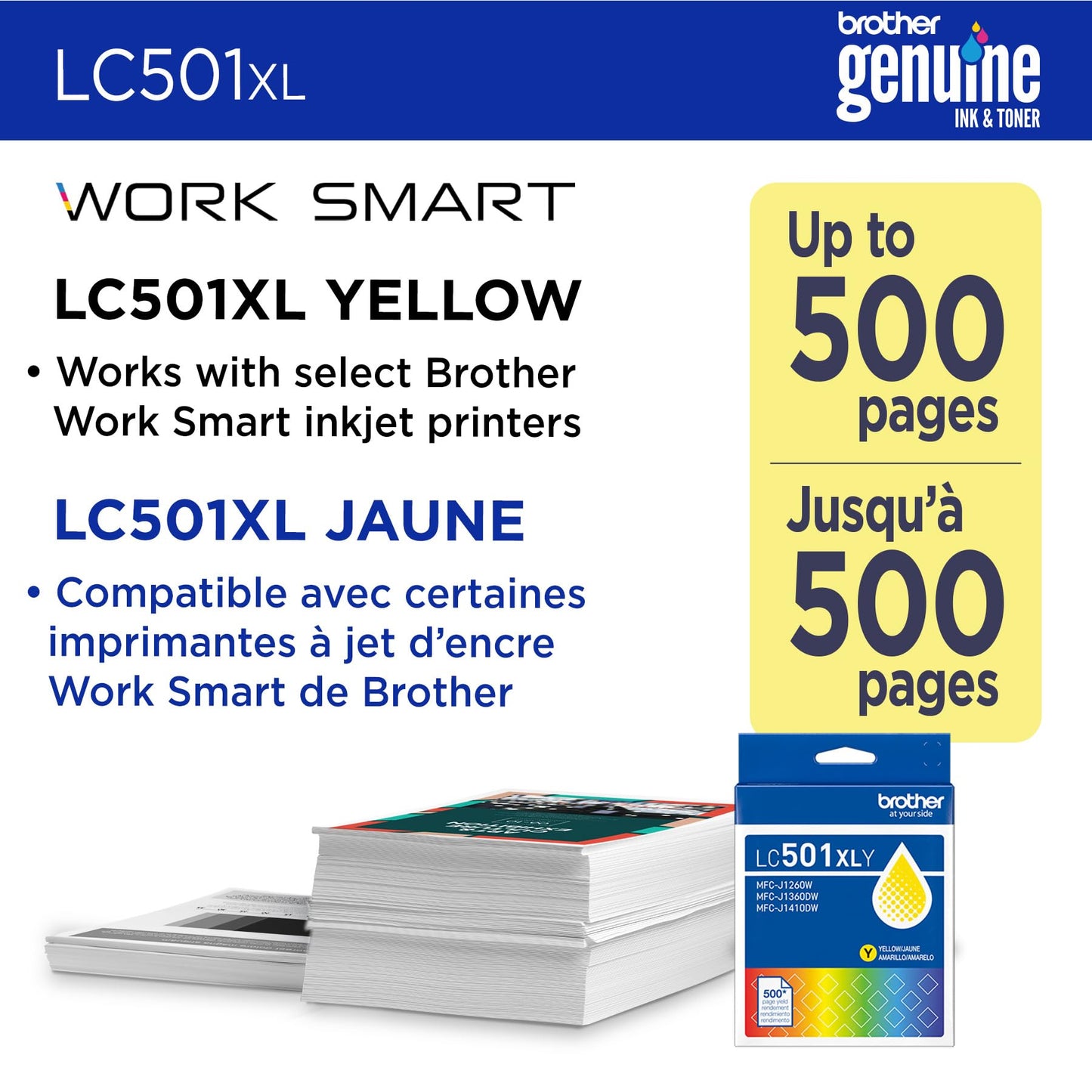 Brother Genuine LC501XLY High Yield Yellow Ink Cartridge (for use with Work Smart MFC-J1260W, MFC-J1360DW, and MFC-J1410DW Printers)